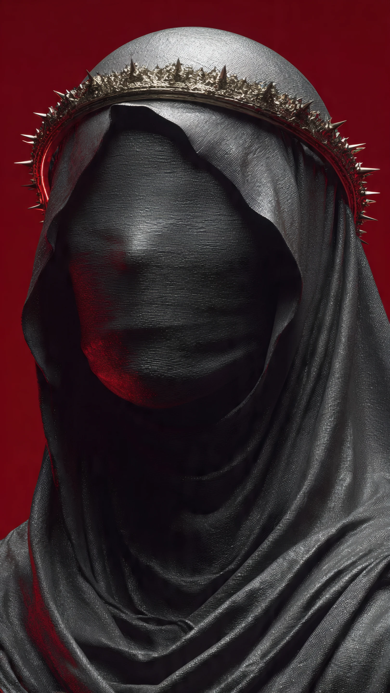 Mysterious Veiled Figure in Spiked Crown on Red