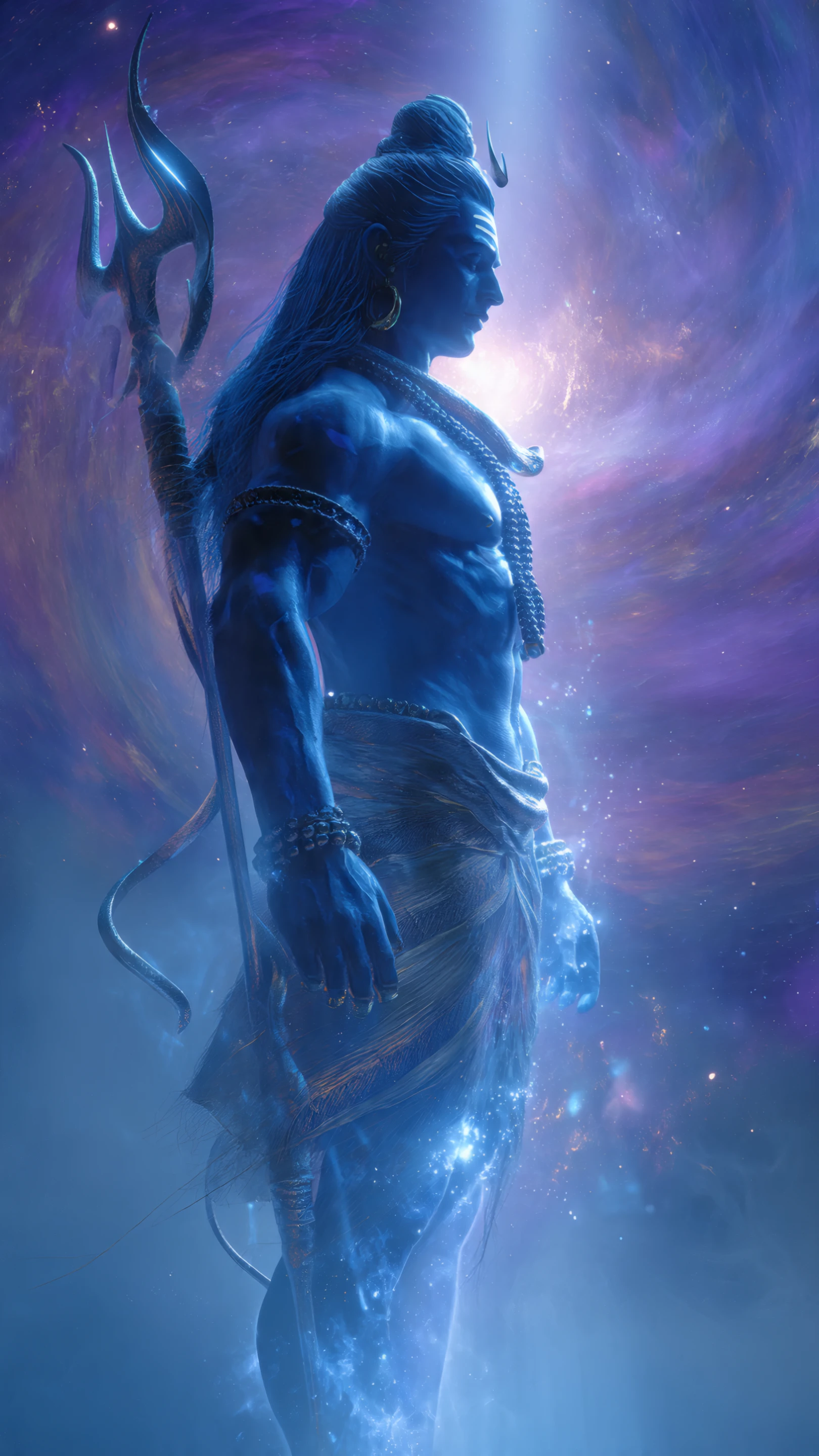 Mystical Blue Deity with Trident Against Nebula Backdrop