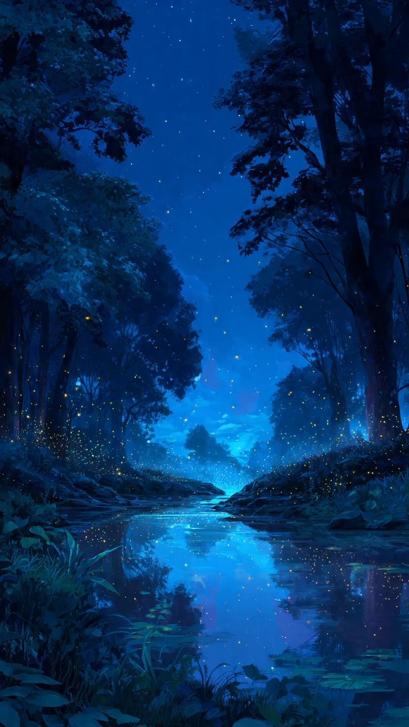Mystical Forest River with Fireflies at Twilight