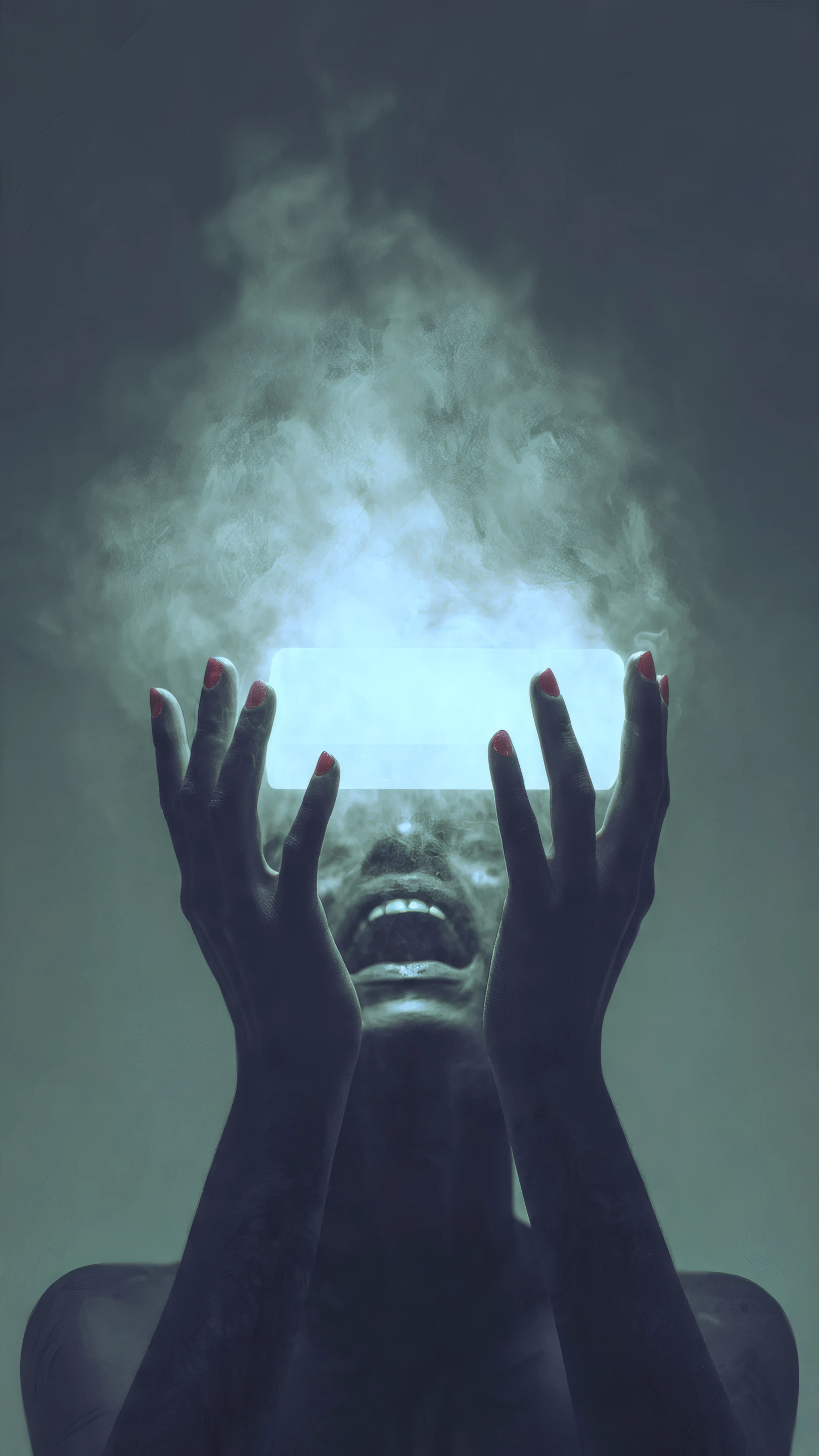 Mystical Person Holding Glowing Box with Rising Smoke