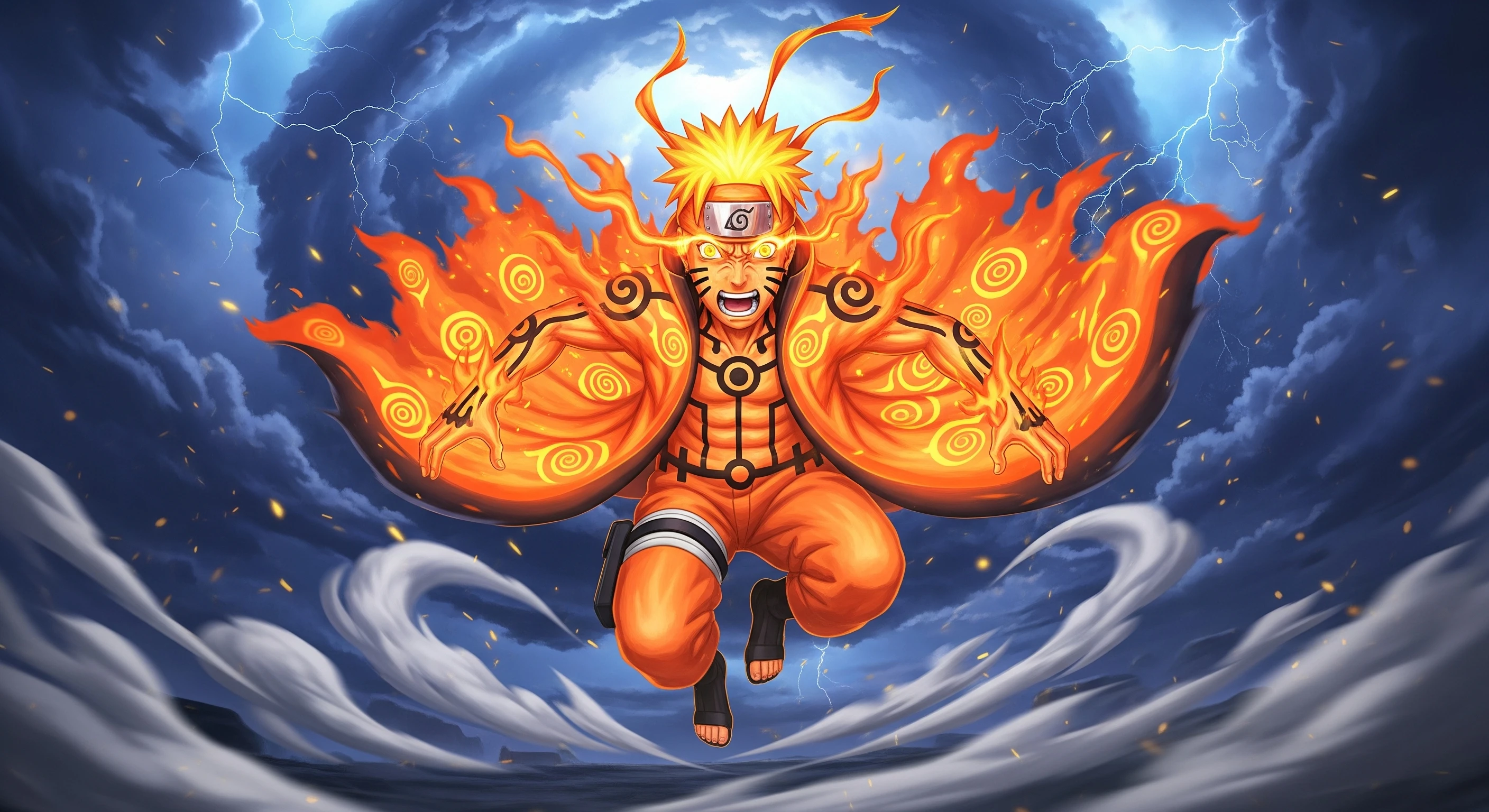 Naruto's Fiery Chakra Unleashed Amidst Stormy Skies