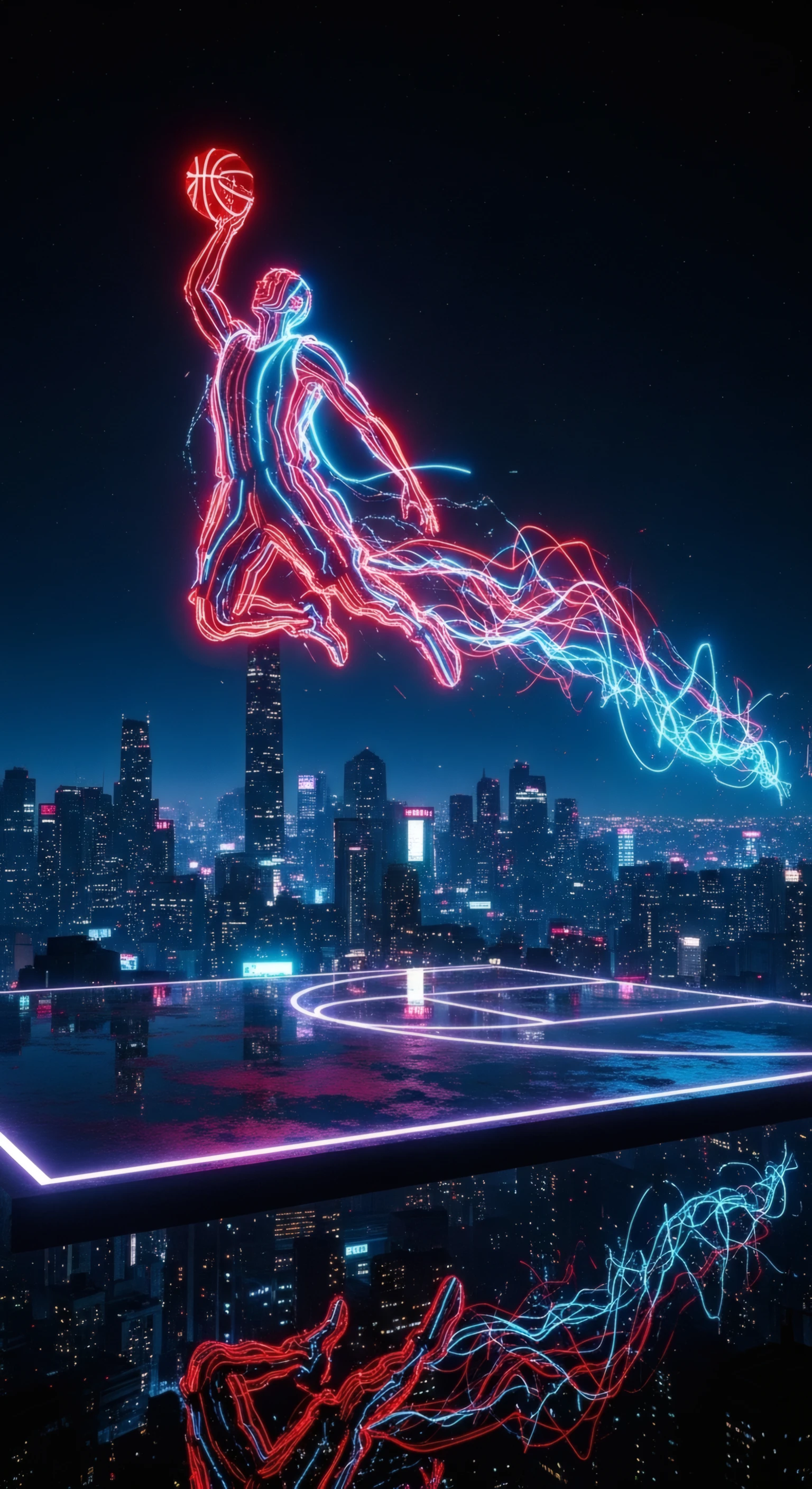 Neon Basketball Player Overlooking Cyberpunk Cityscape