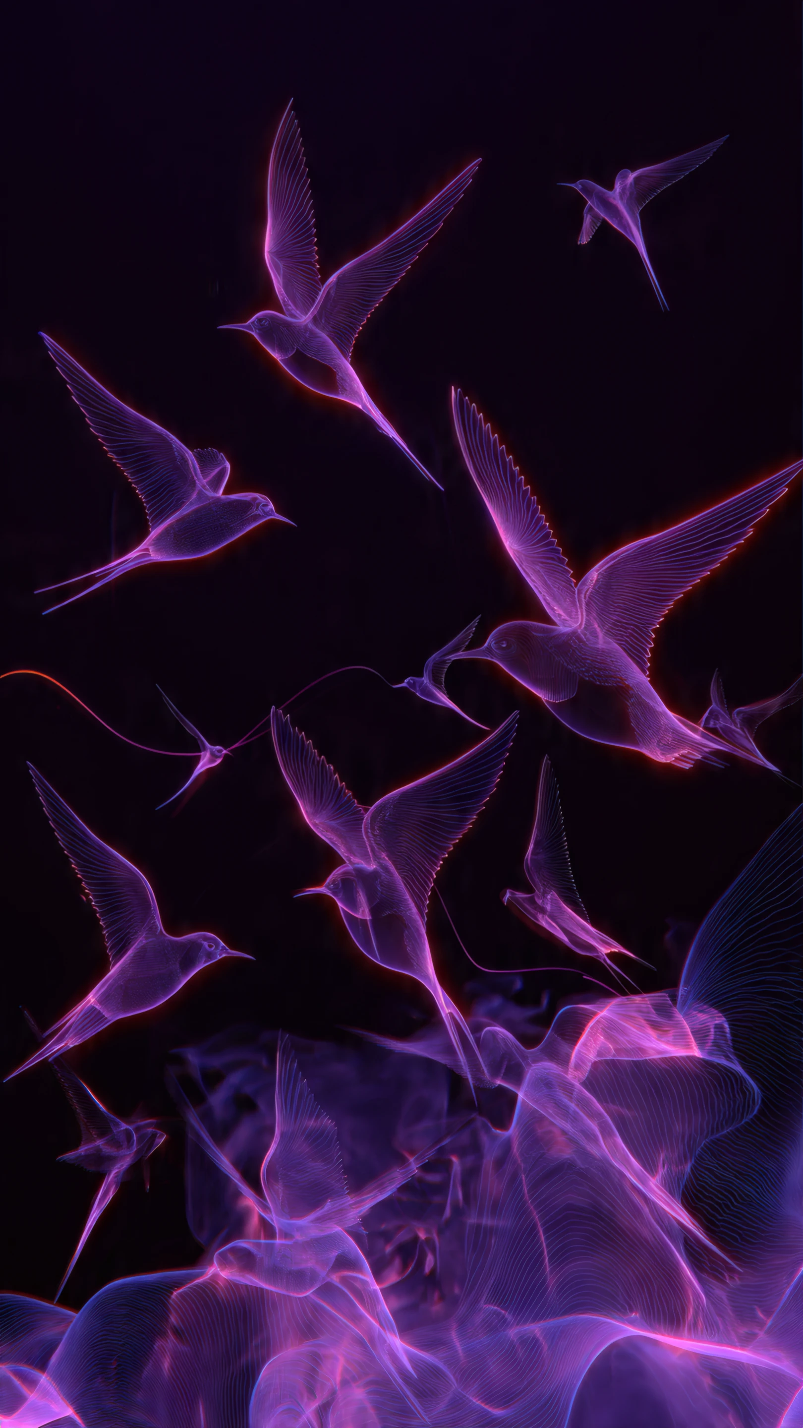 Neon Birds Ascending in Ethereal Purple Haze