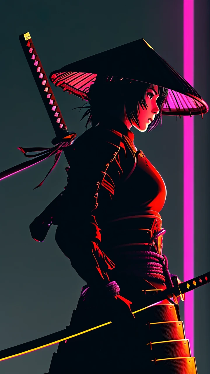 Neon-lit Samurai Warrior with Dual Katanas
