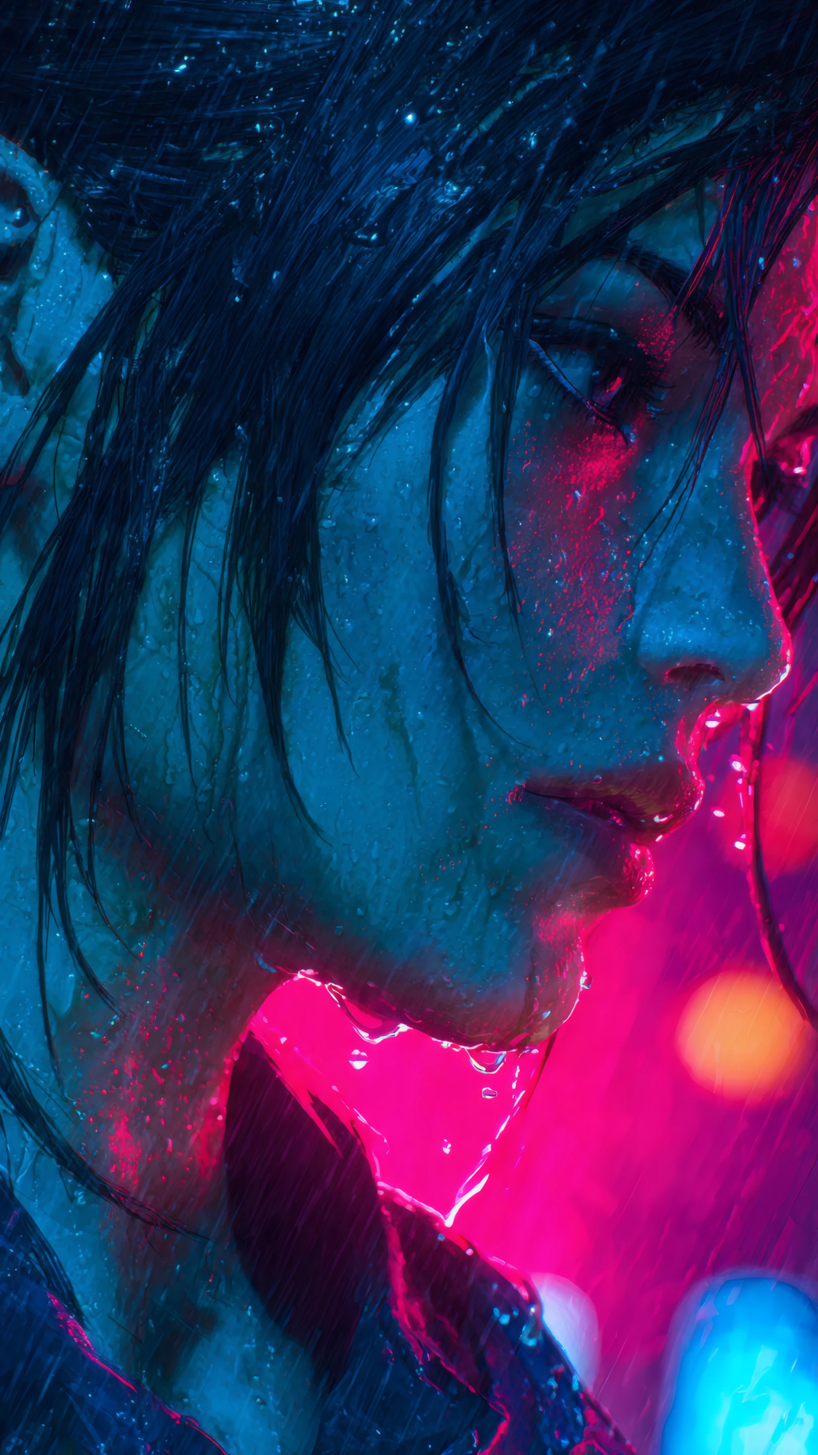 Neon Rain Portrait Moody Woman in Blue and Pink