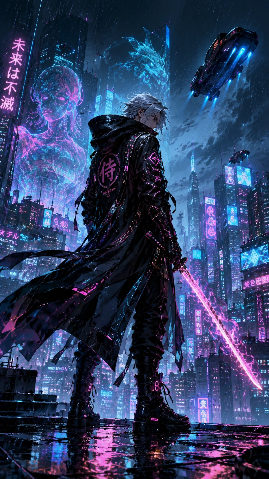 Neon Samurai with Glowing Katana in Cyberpunk Cityscape Art wallpaper 941x1672