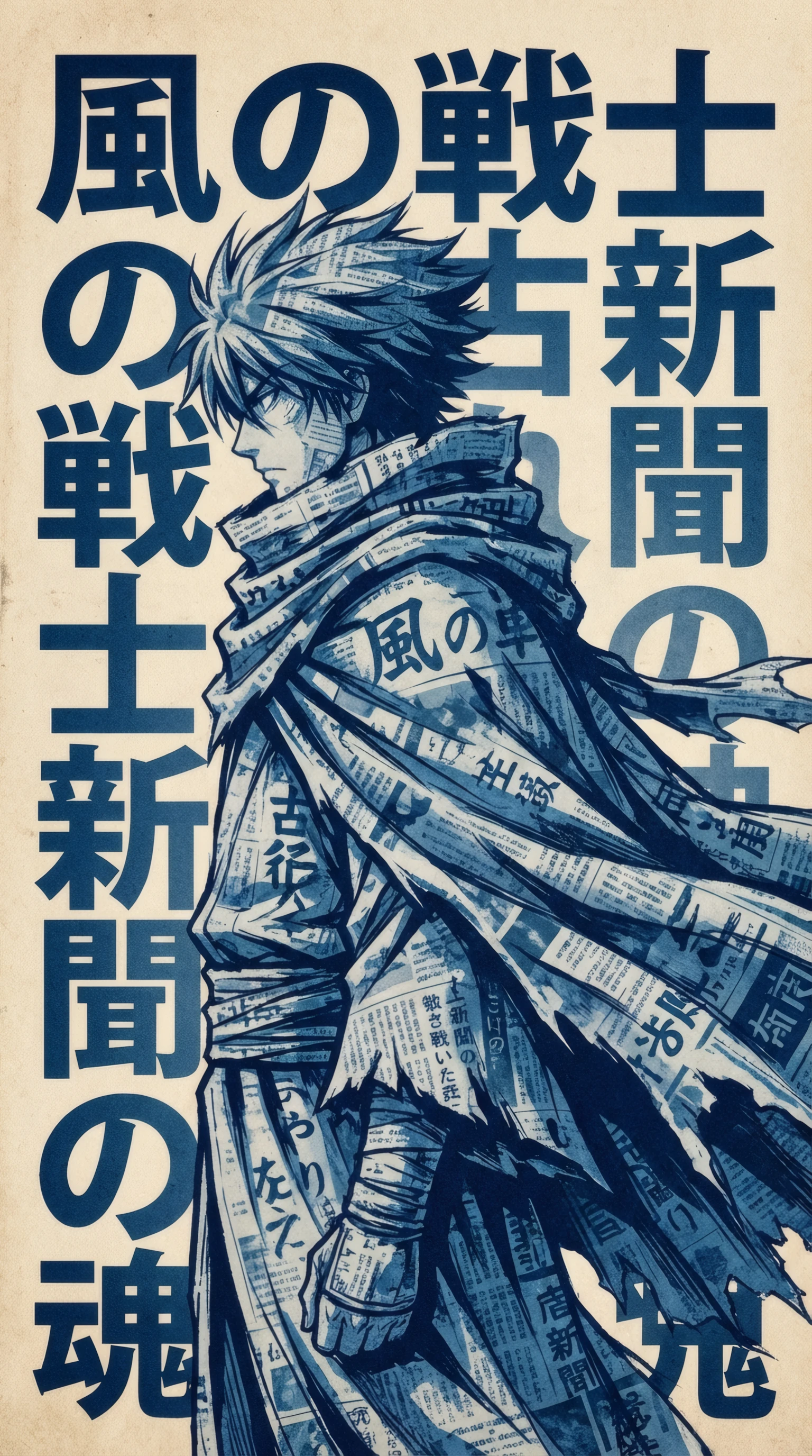 Newspaper-wrapped Anime Warrior in Indigo Ink