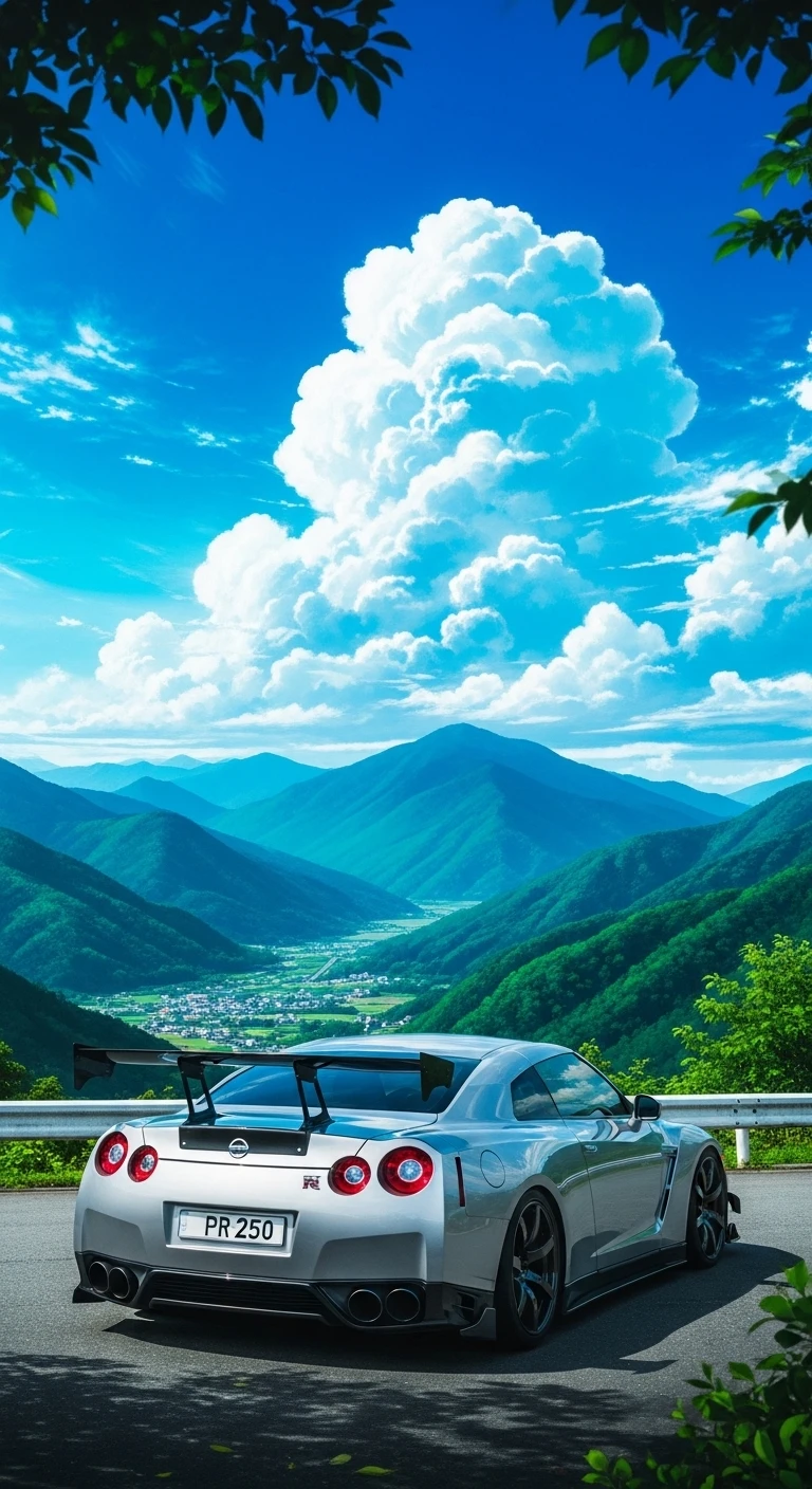 Nissan Gtr on Mountain Road Under Blue Sky