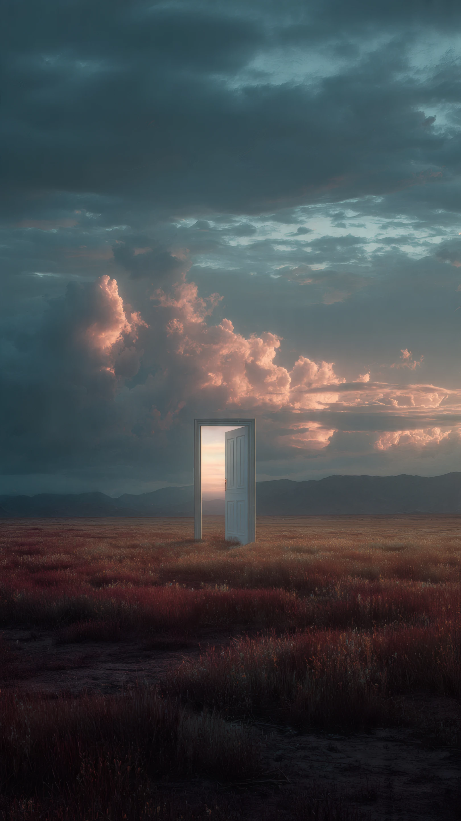 Open Doorway to Another World in Field at Sunset