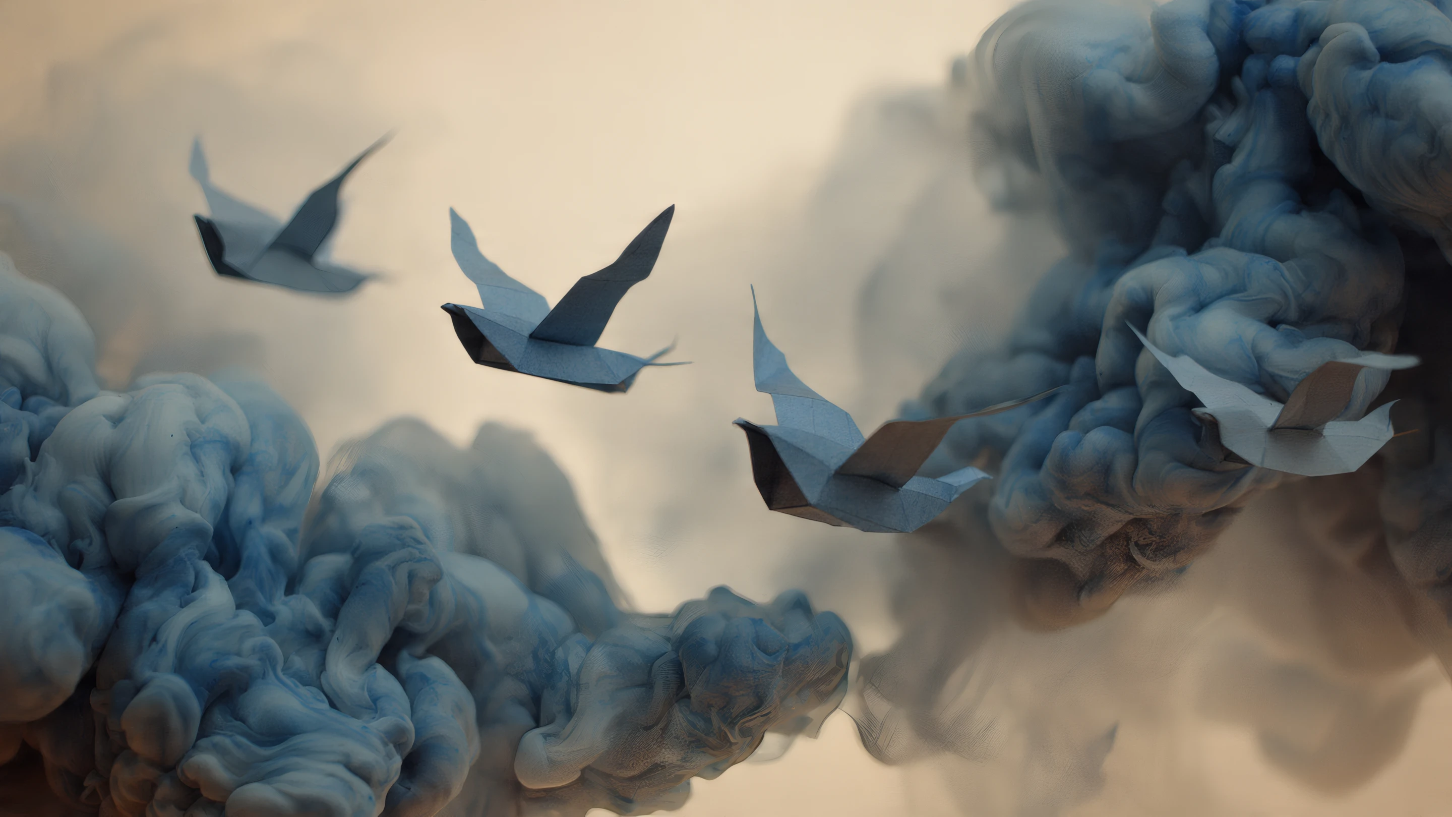 Origami Birds Soaring Through Ethereal Blue Smoke Clouds