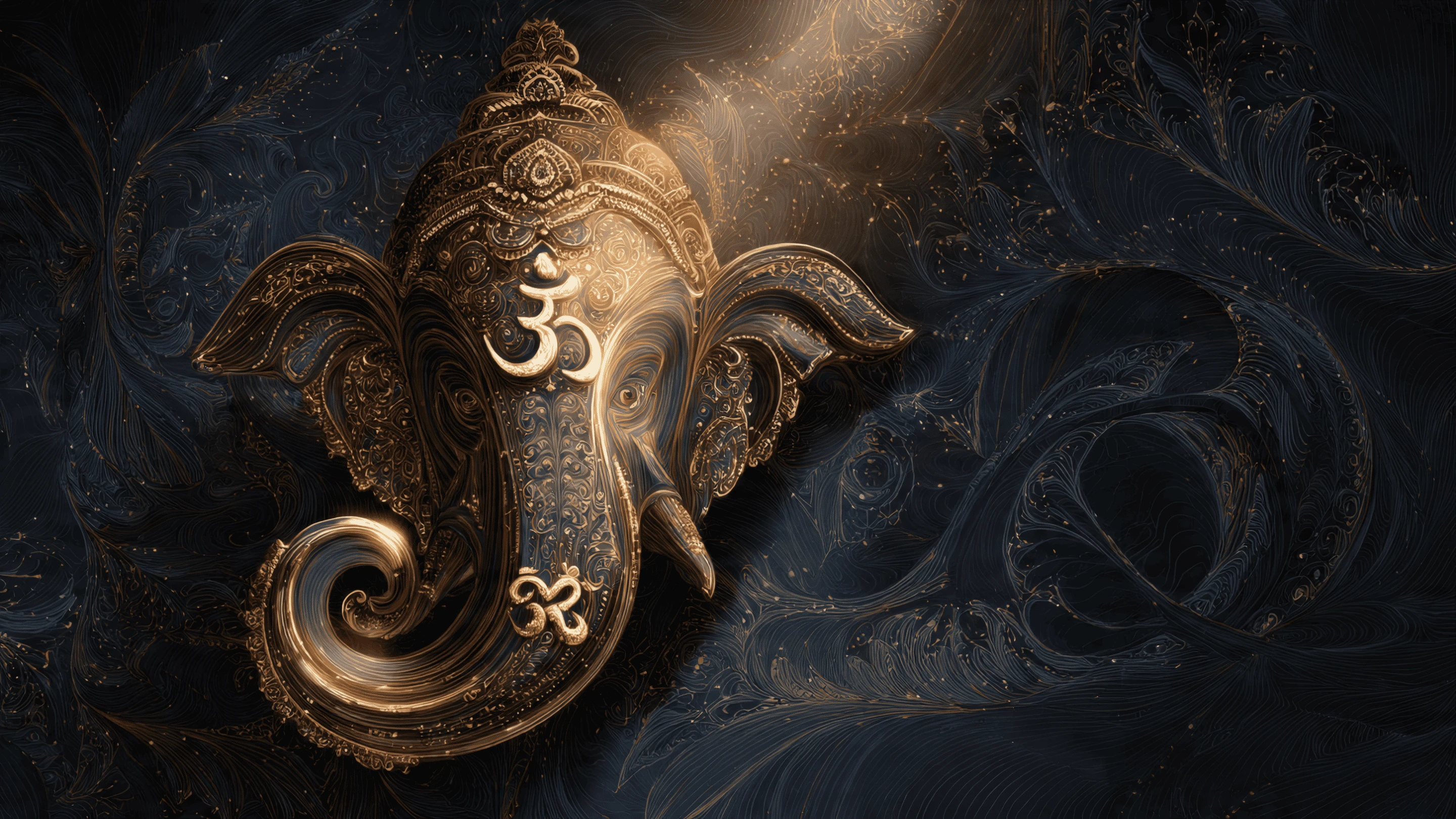 Ornate Golden Ganesha Statue on Dark Textured Background