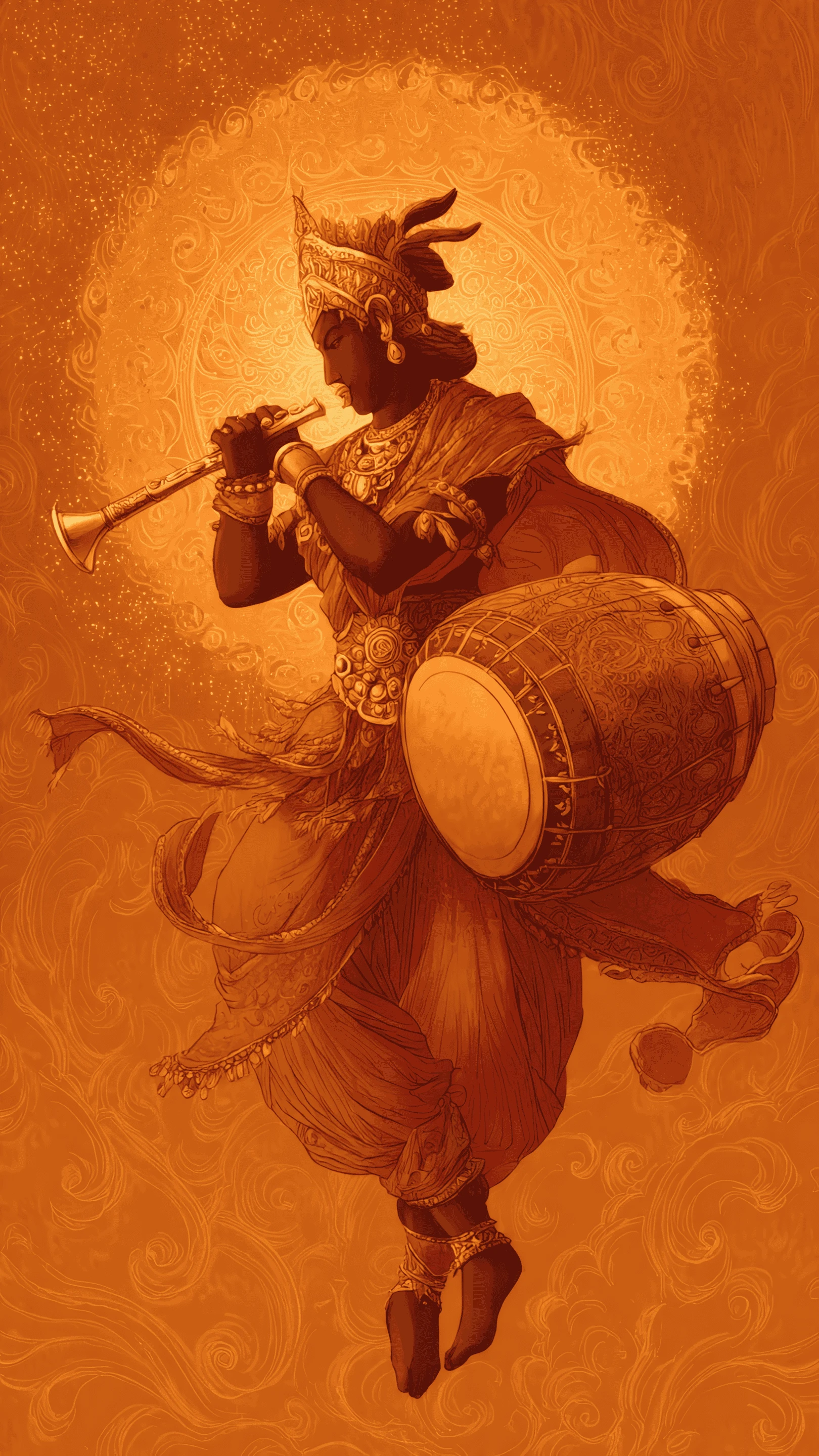 Ornate Indian Musician with Trumpet and Drum Art