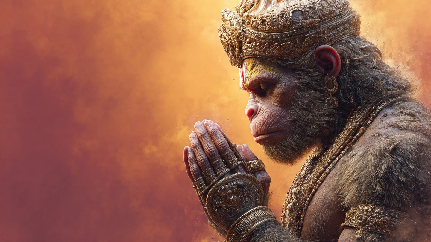 Ornate Monkey Deity Praying with Golden Crown and Jewelry