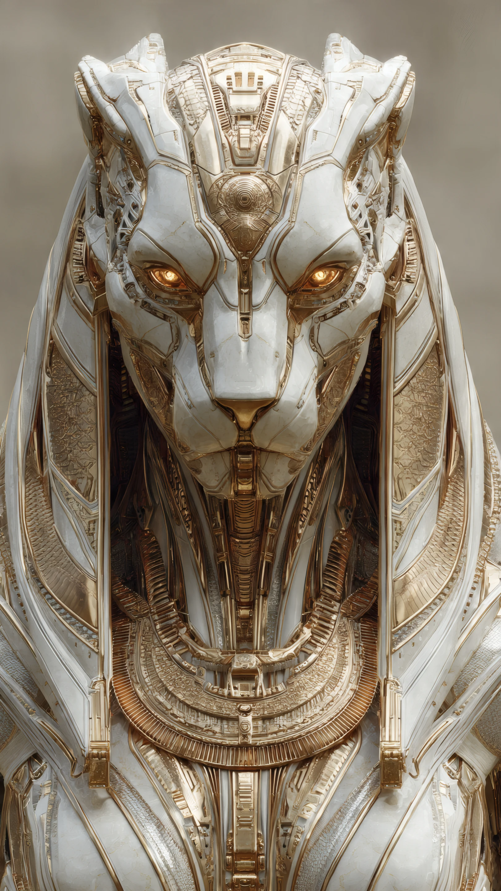 Ornate Robotic Lion God Statue in Gold and White