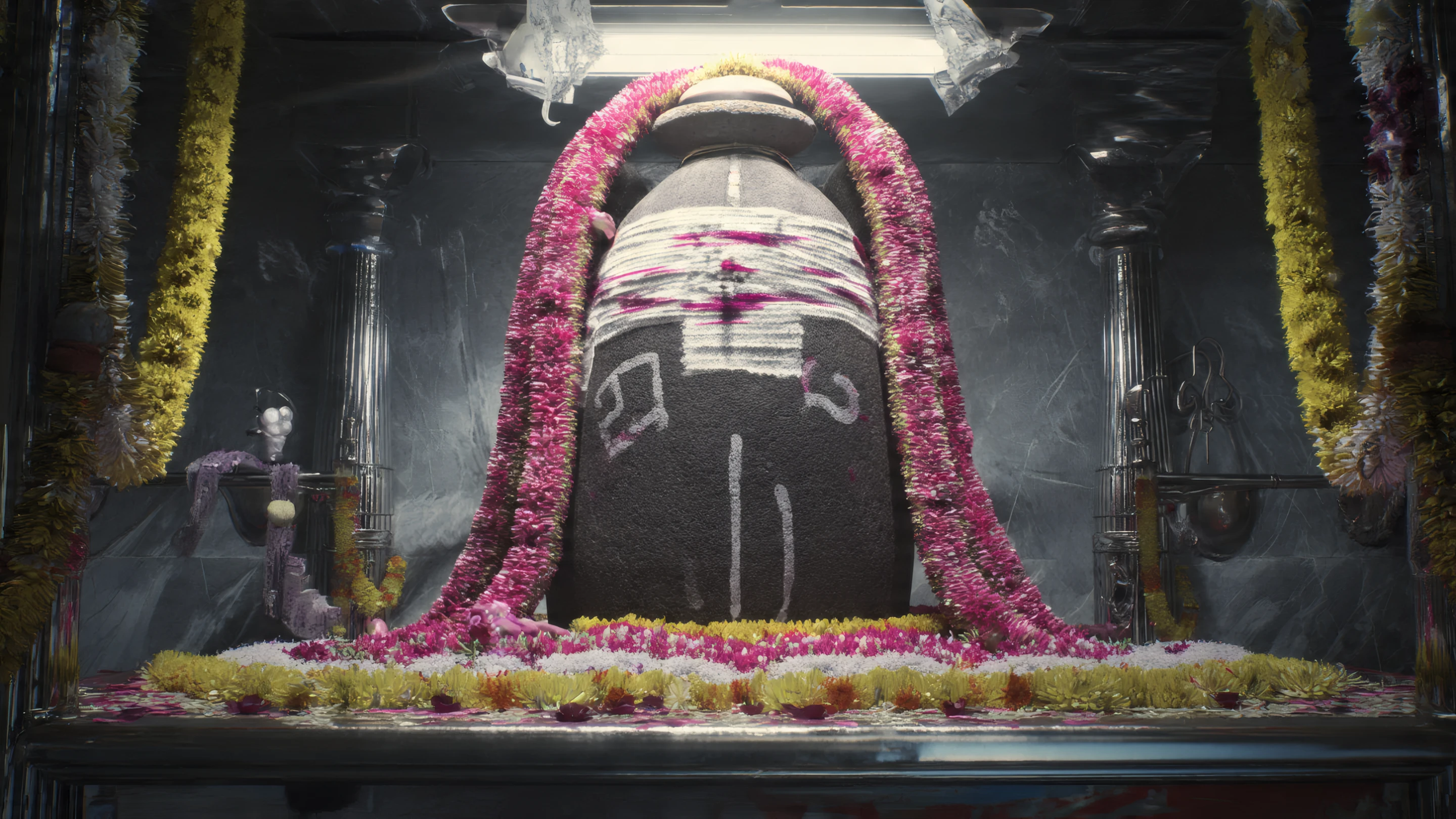 Ornate Shiva Lingam Shrine with Colorful Garlands