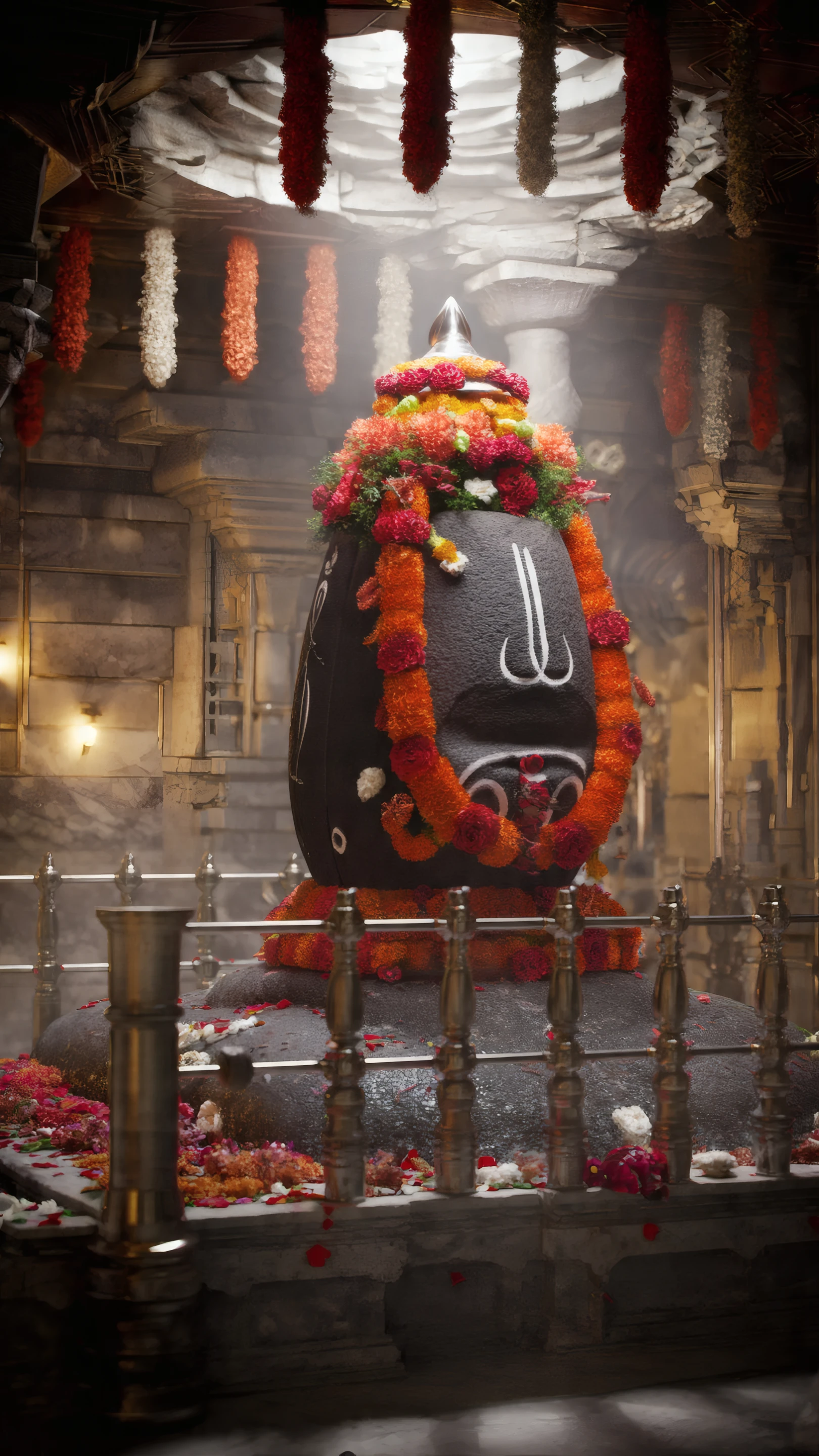 Ornate Shiva Lingam Shrine with Floral Garlands