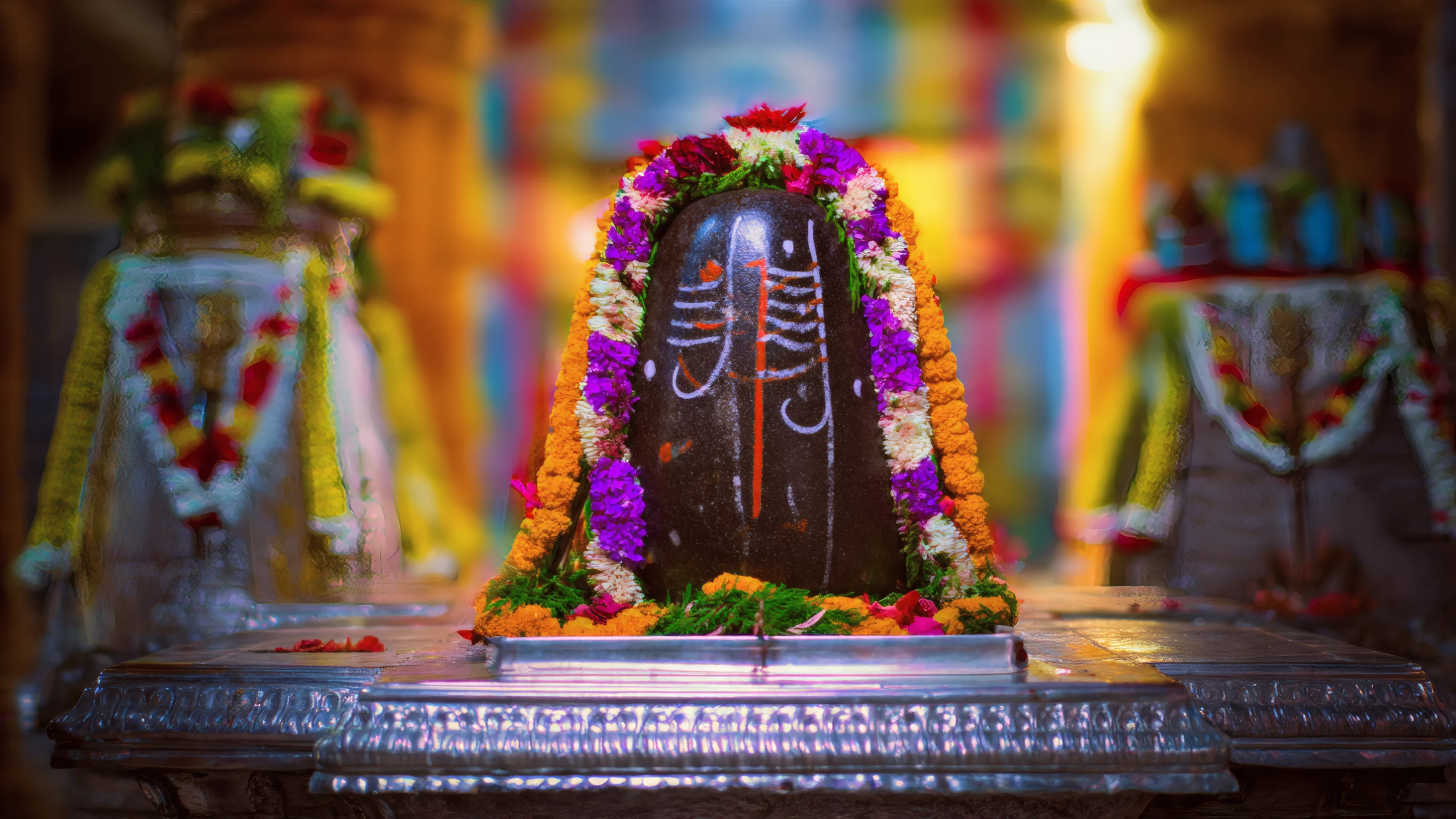 Ornate Shiva Lingam with Colorful Floral Garlands