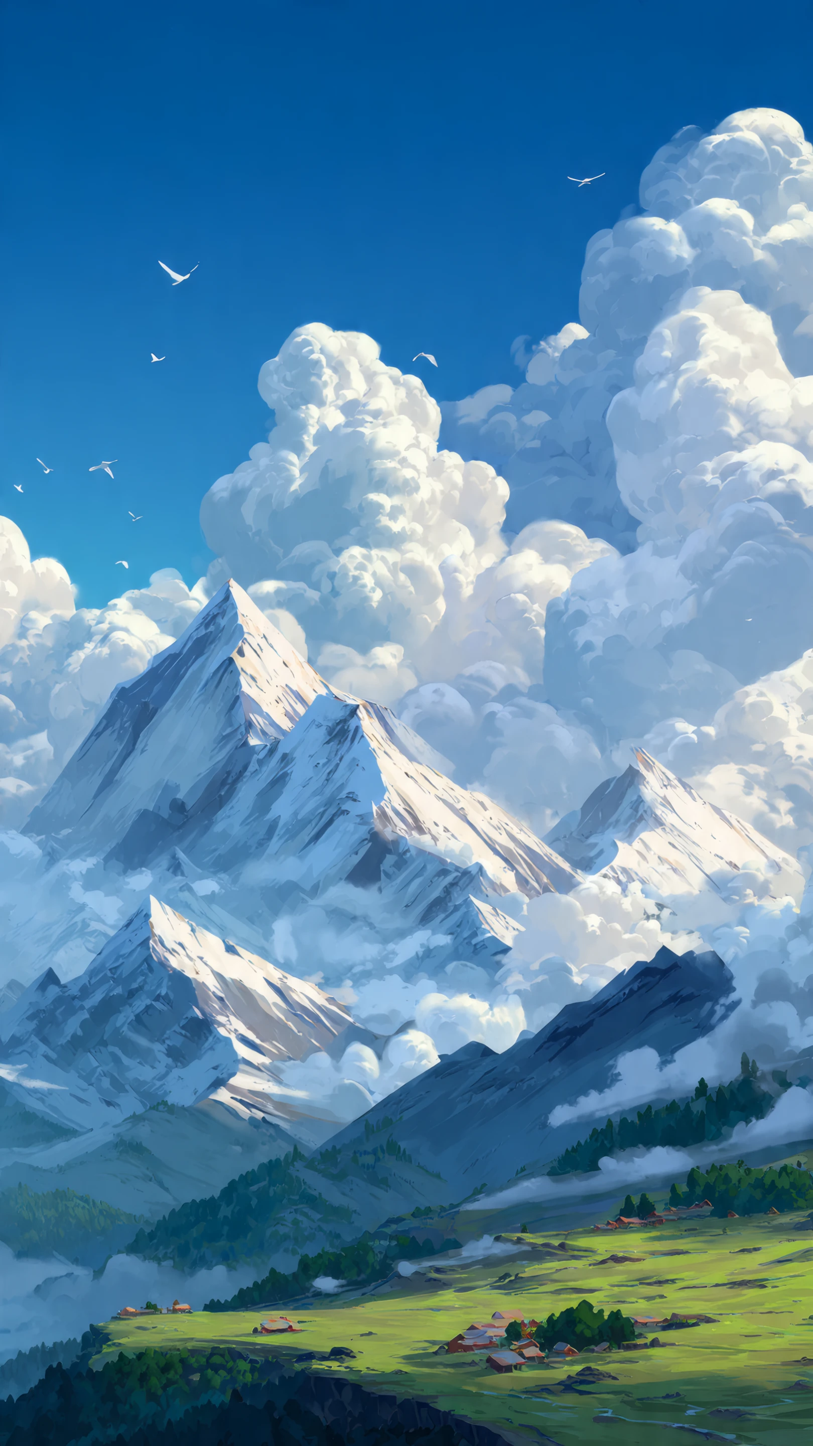 Painterly Mountain Peaks Above Verdant Valley