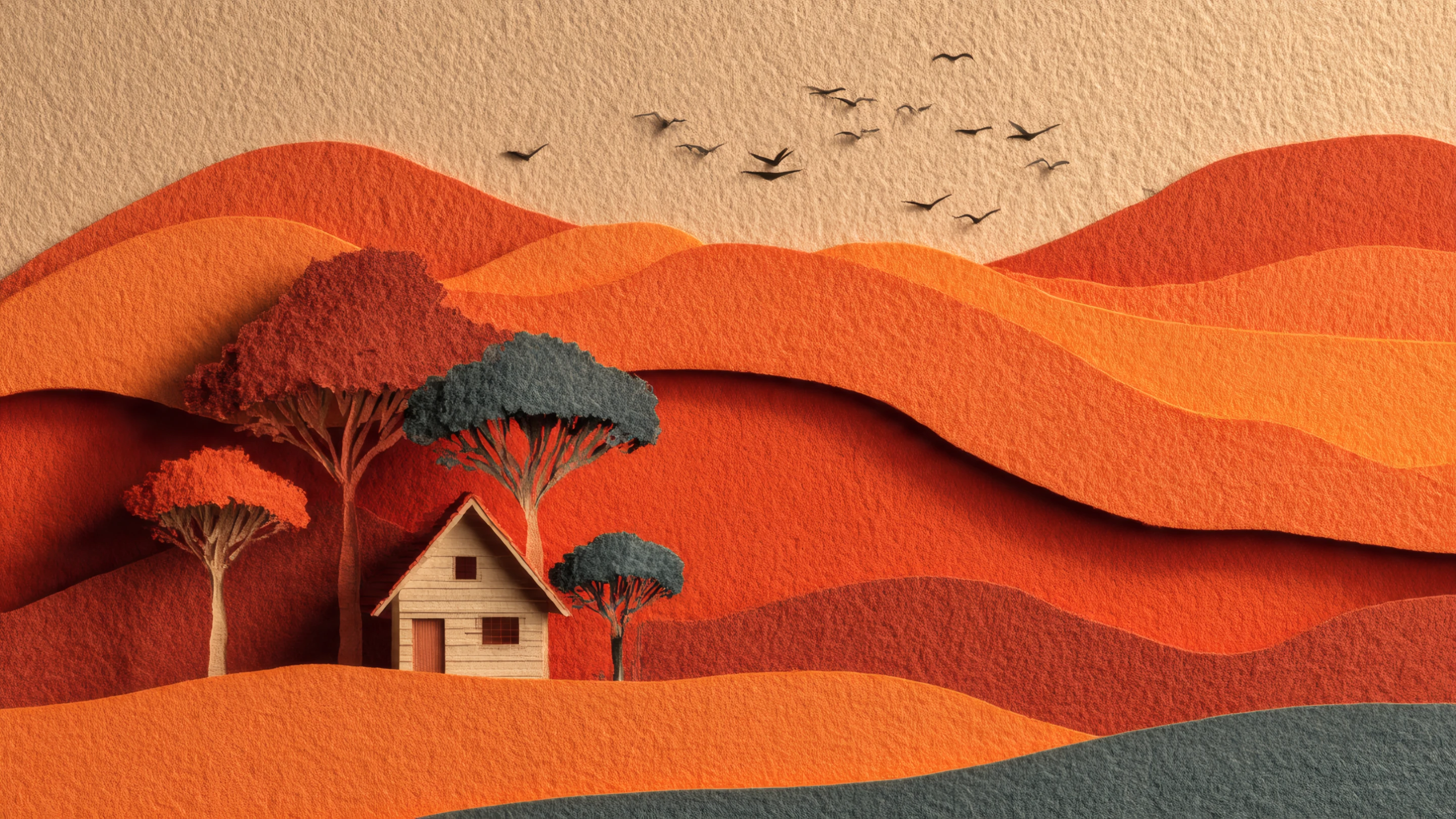 Paper Cut Landscape with House and Flying Birds