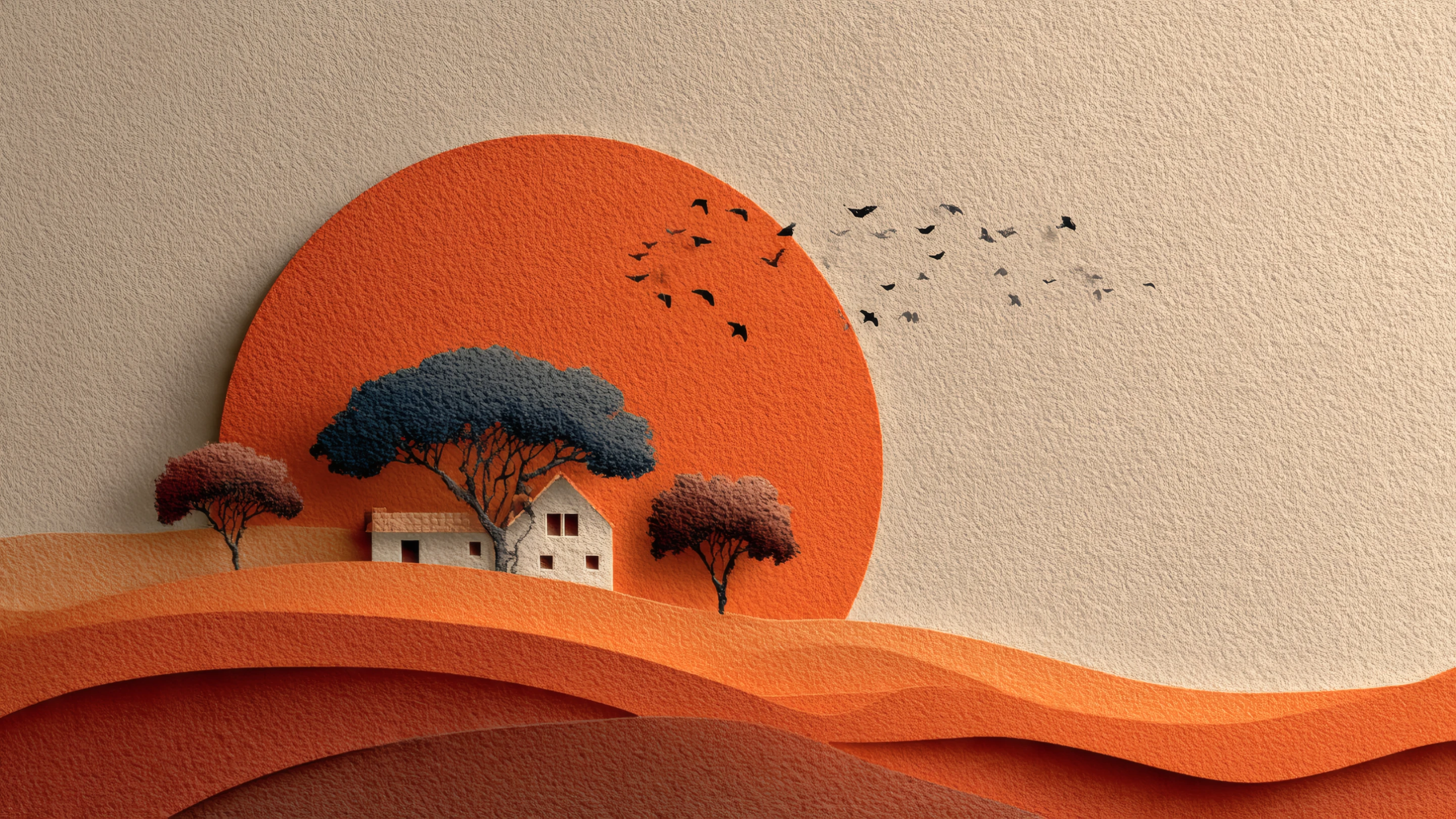 Paper Landscape with House Sunset and Birds