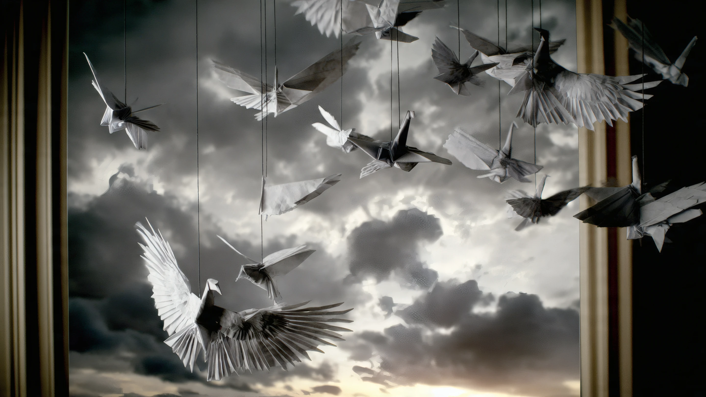 Paper Origami Birds Suspended in Cloudy Sky Scene