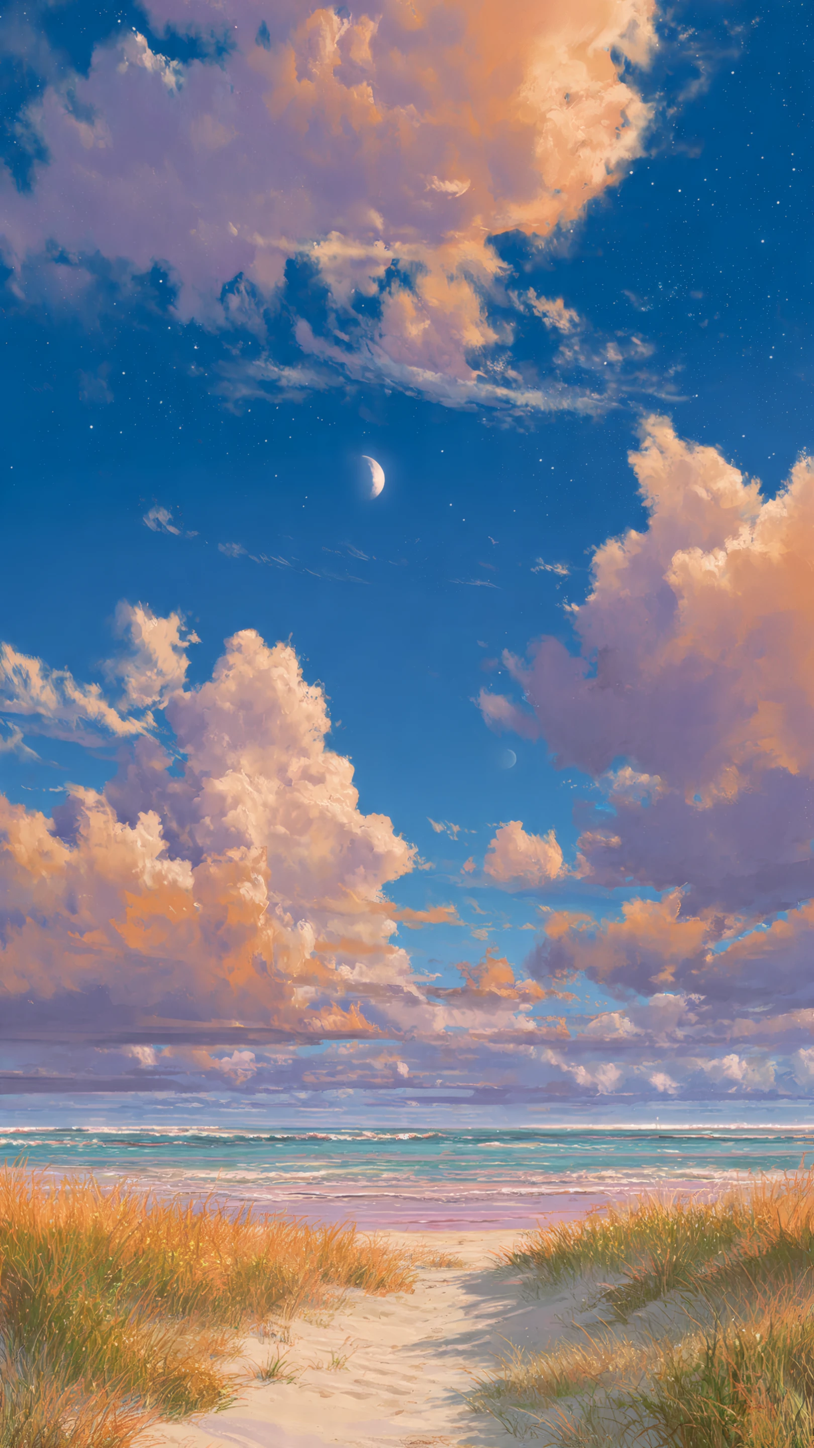 Pastel Beach Under a Starry Moonlit Sky