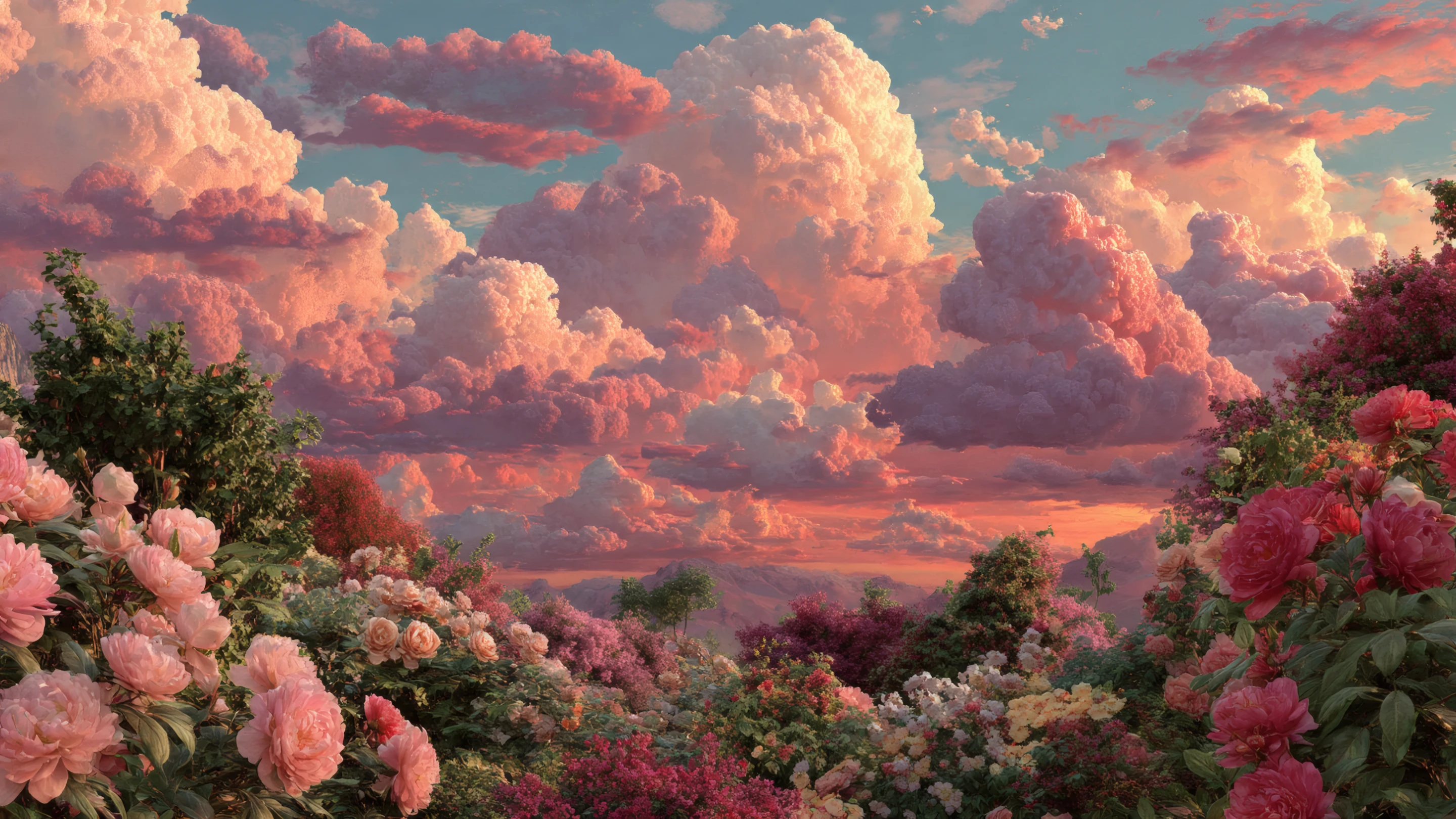 Pastel Pink Clouds over Lush Flower Garden Landscape