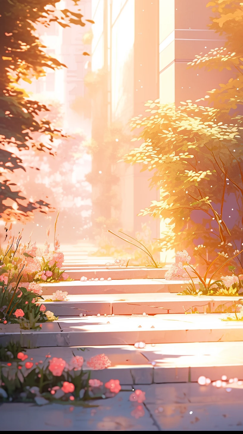 Peaceful Stairway with Pink Flowers in Golden Light
