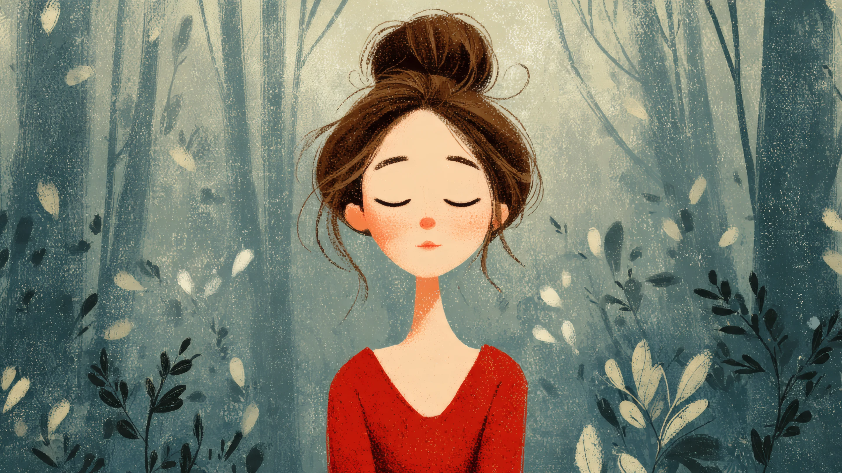 Peaceful Woman Meditating in Misty Forest Illustration