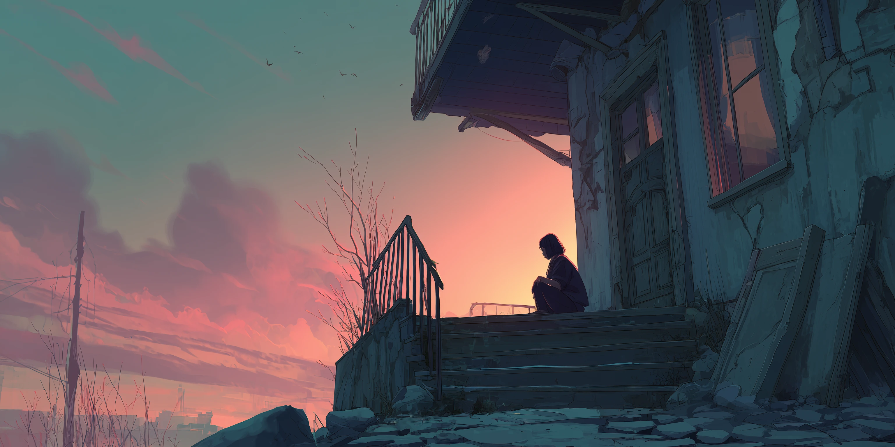 Peaceful Woman on Porch at Sunset Art