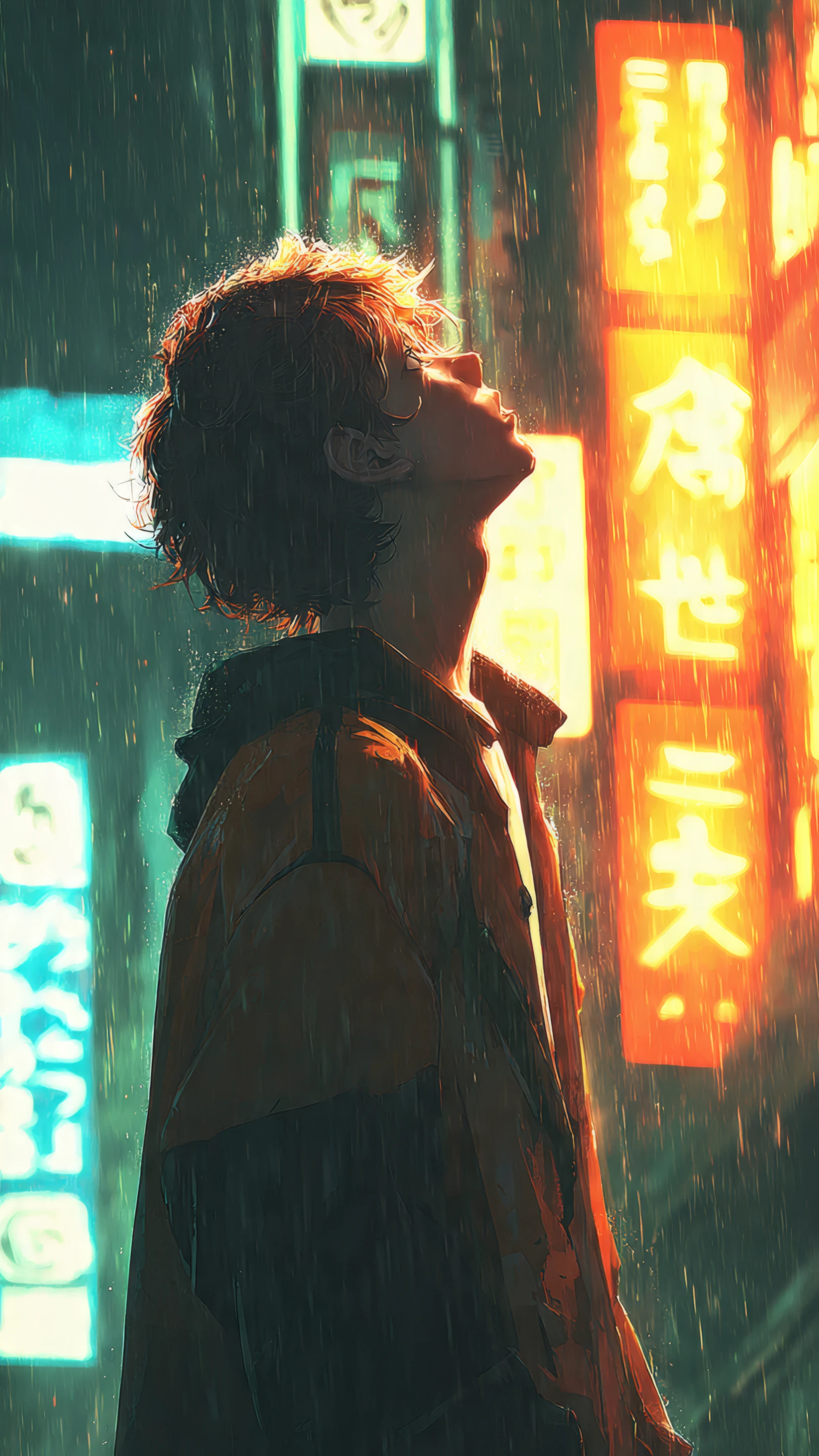 Pensive Anime Boy Gazing Upward in Rainy Cityscape