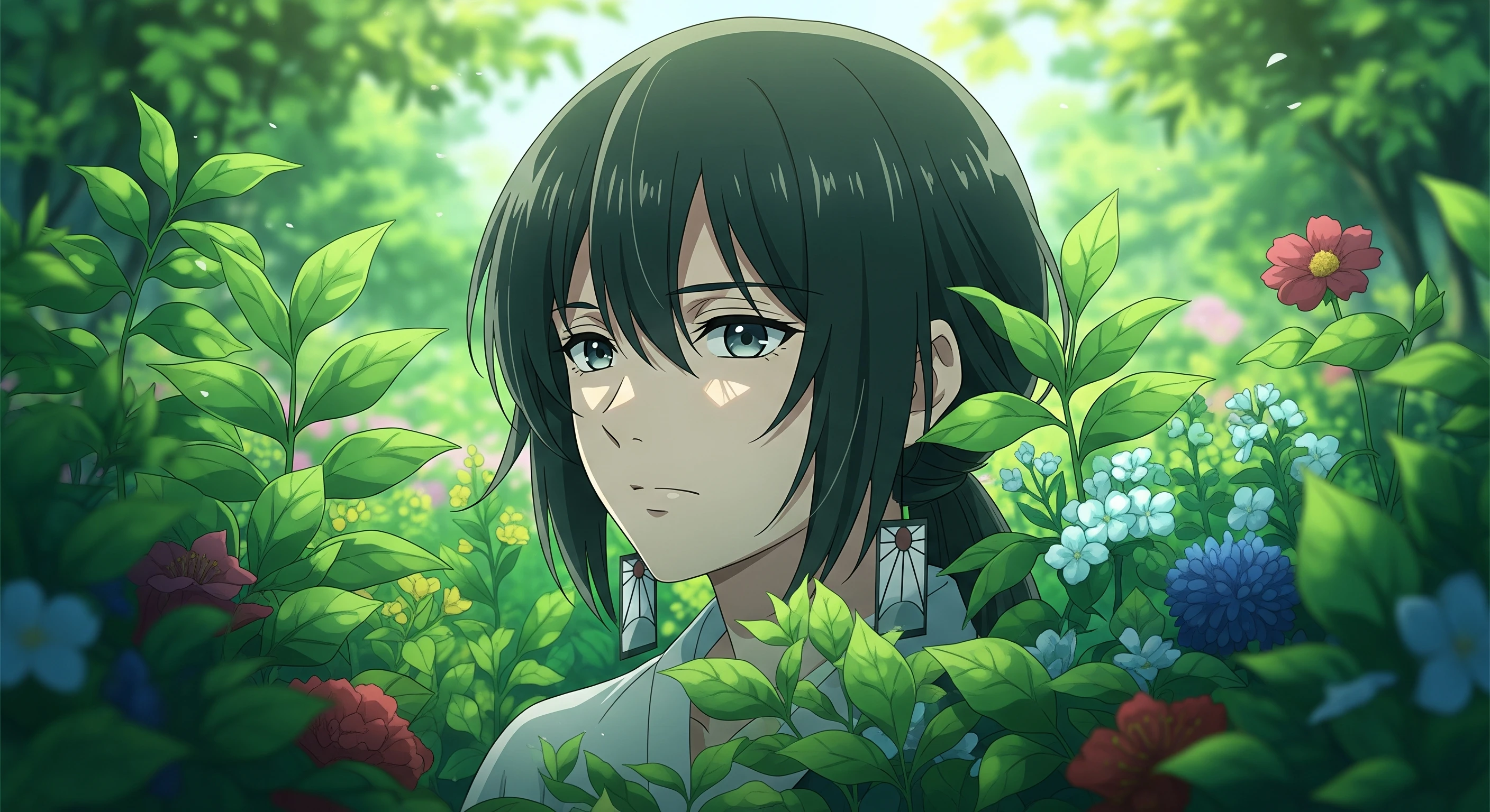 Pensive Anime Boy in a Flower-filled Garden