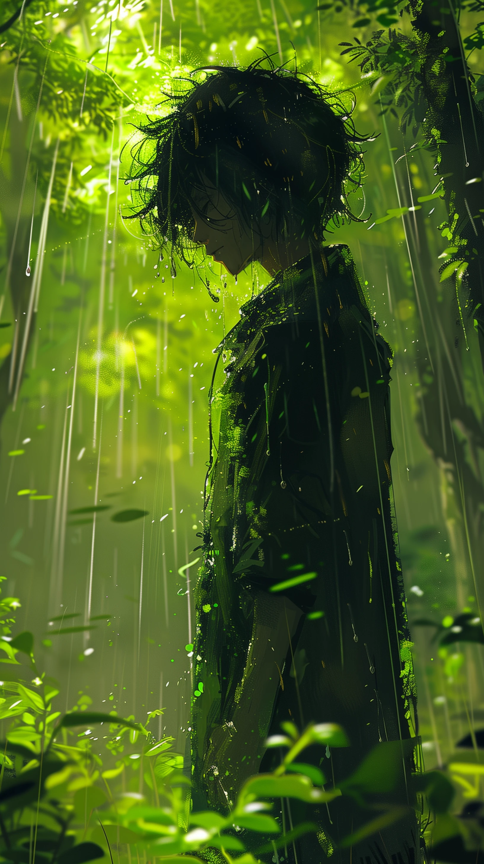 Pensive Anime Boy in Green Rainy Forest Scene