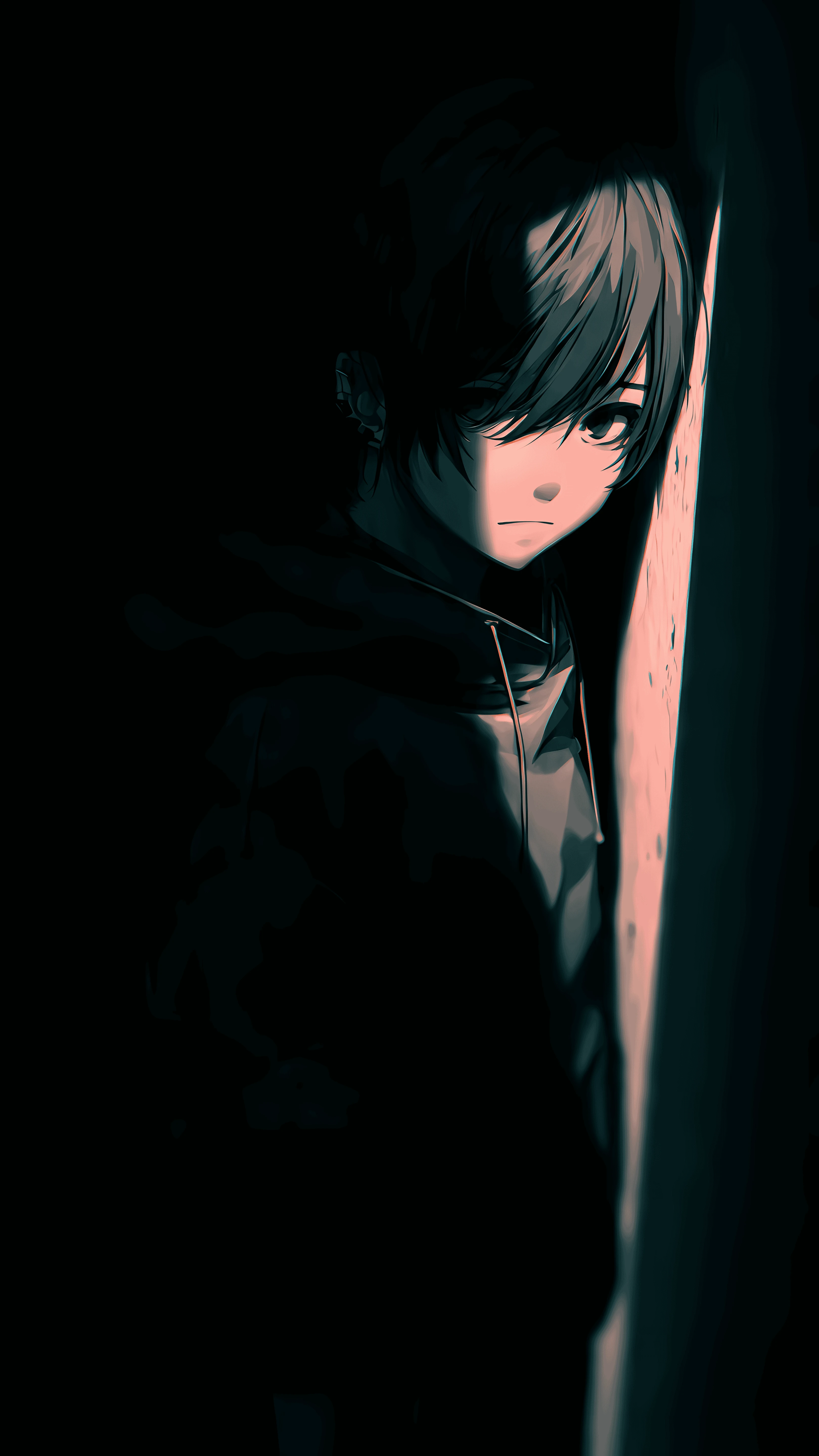 Pensive Anime Boy Leaning in Dark Alley