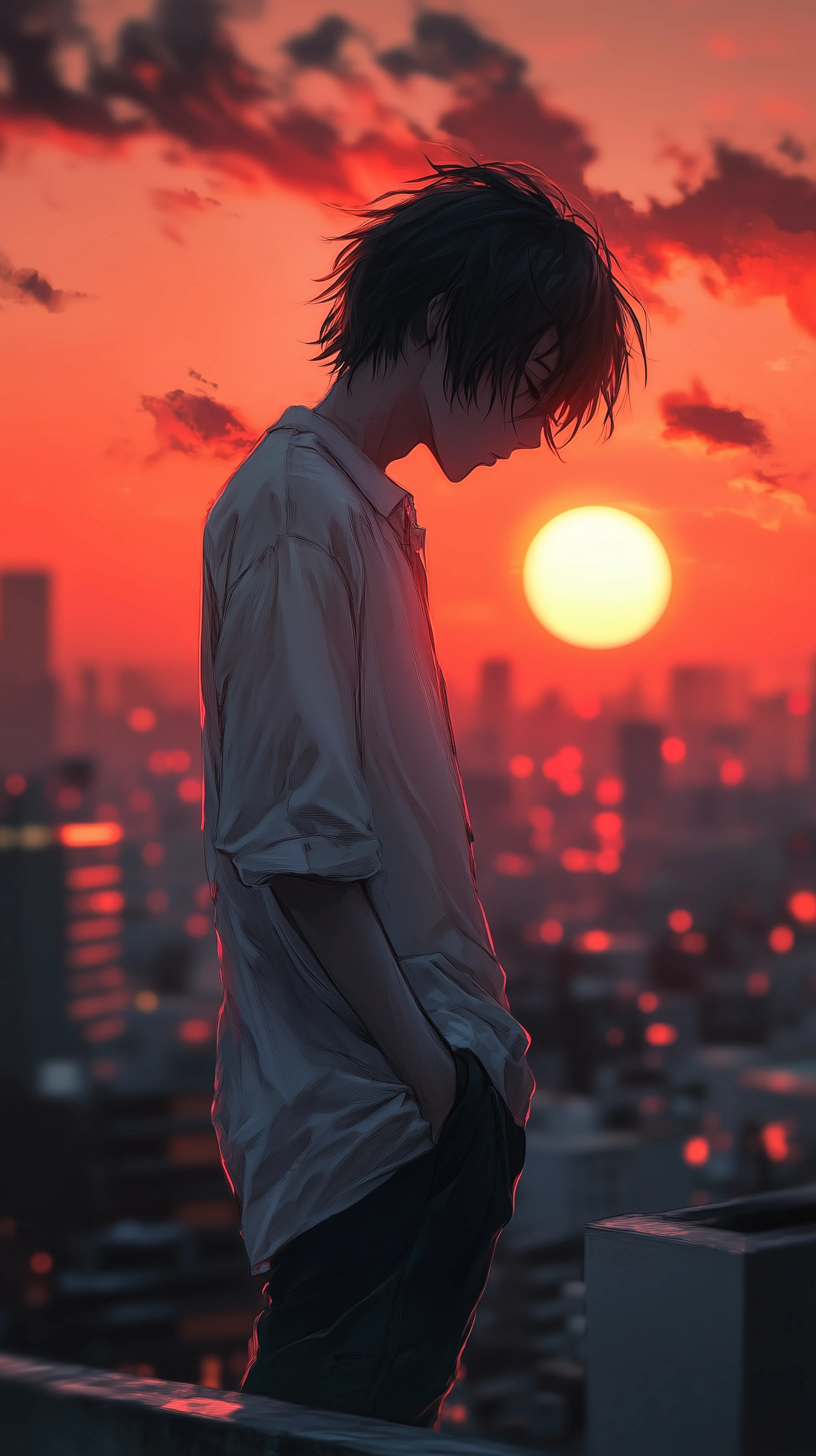 Pensive Anime Boy on Rooftop at Sunset