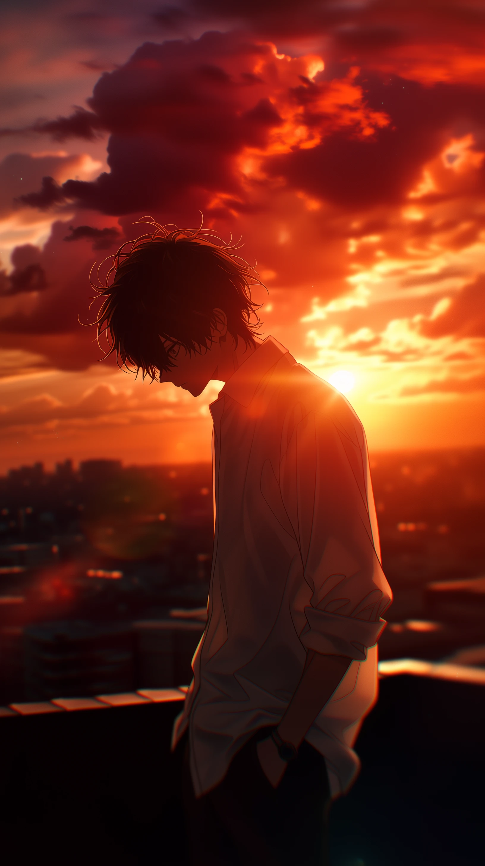 Pensive Anime Boy Silhouette Against Fiery Sunset