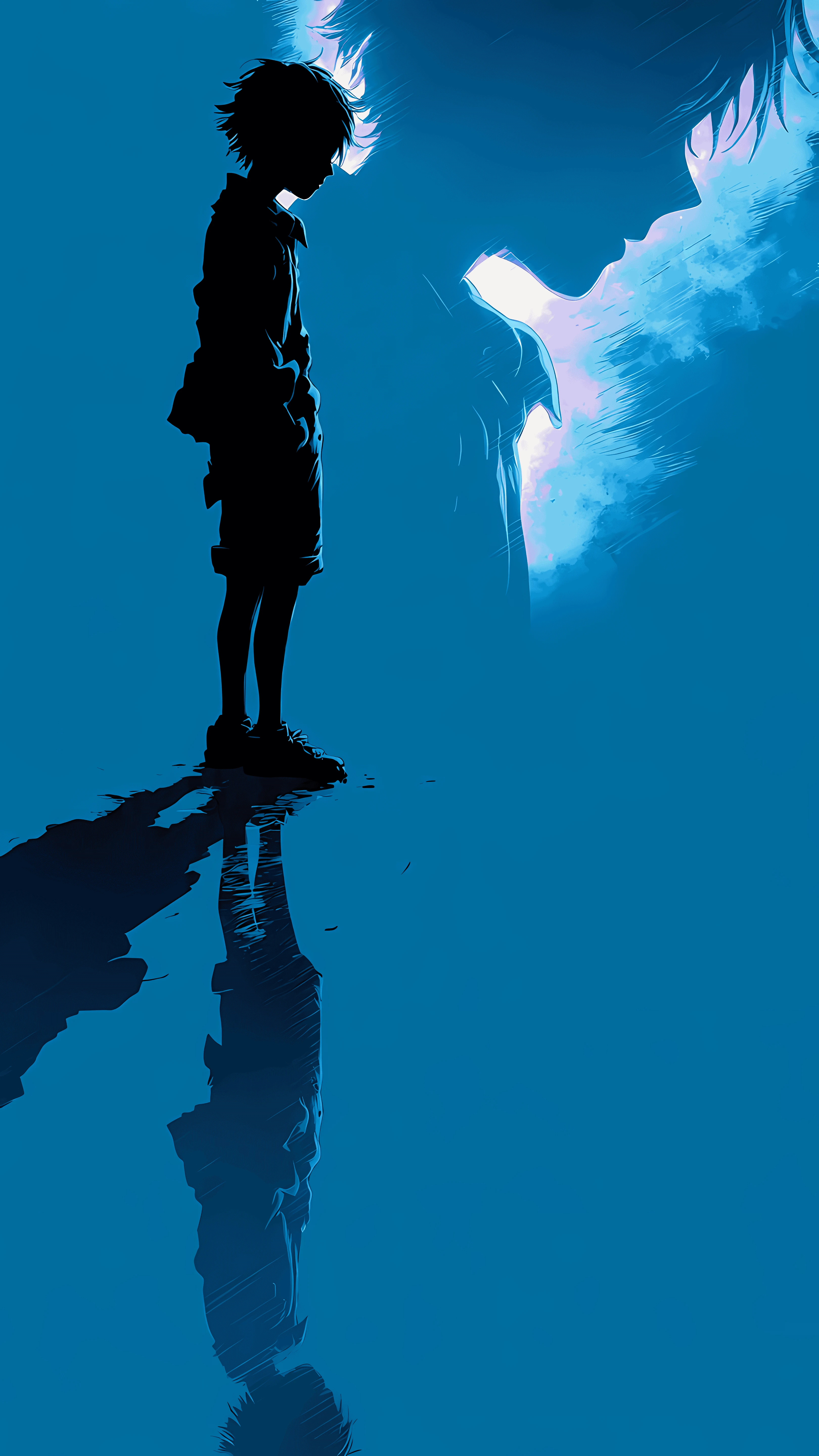 Pensive Anime Boy Silhouette in Azure Reflection