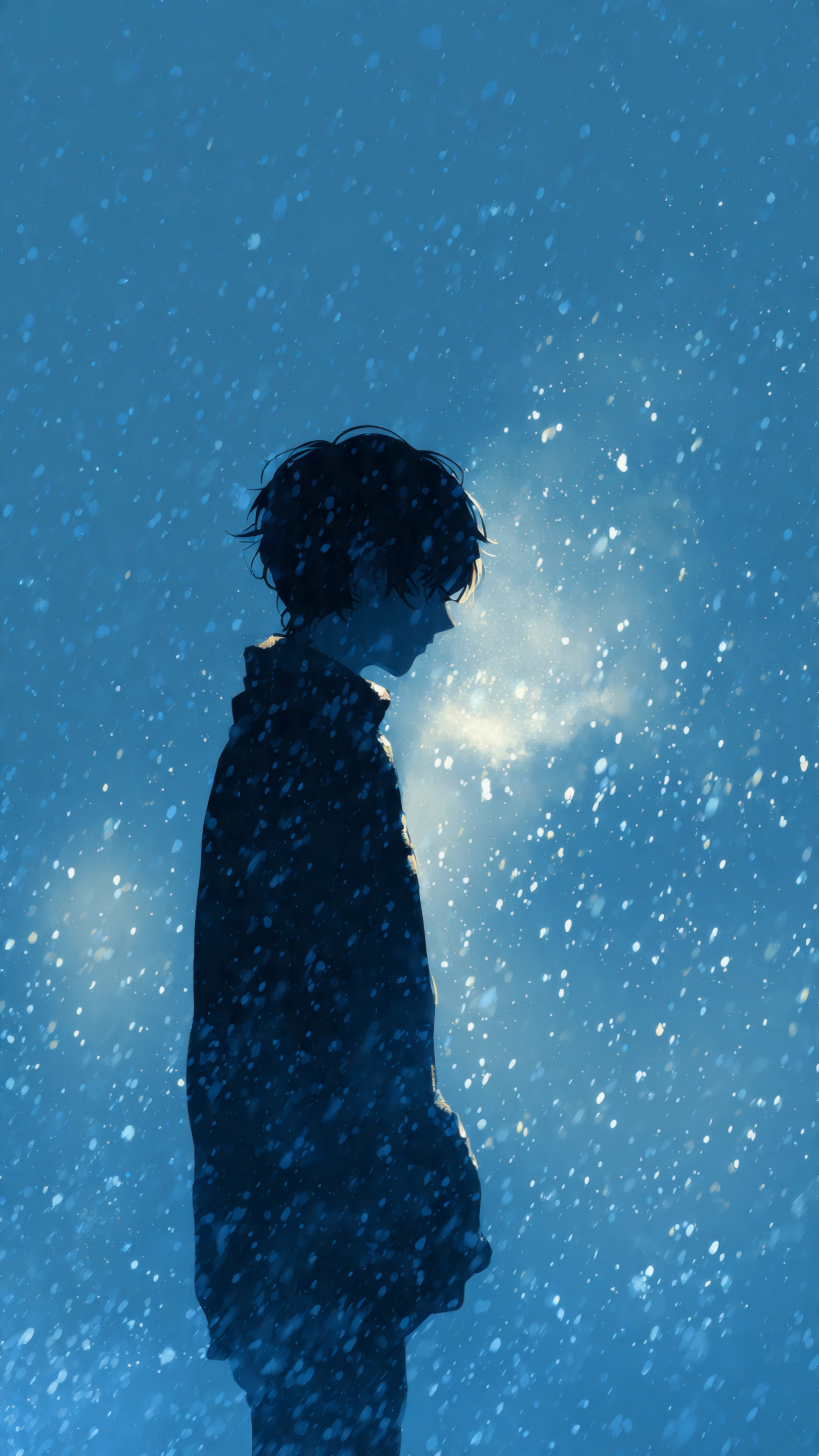 Pensive Anime Boy Silhouette in Falling Snow