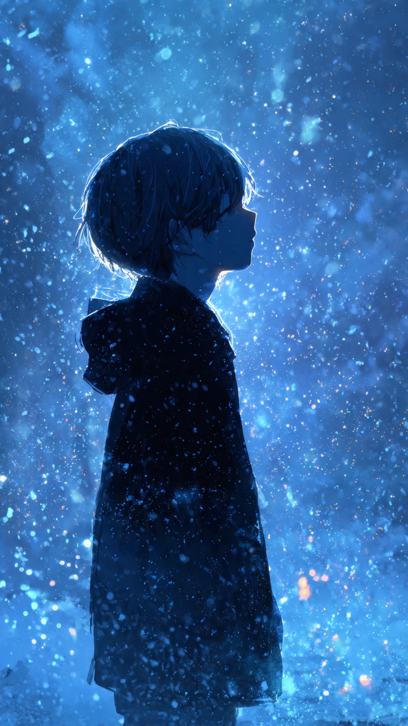 Pensive Anime Boy Silhouette in Snowy Blue Scene