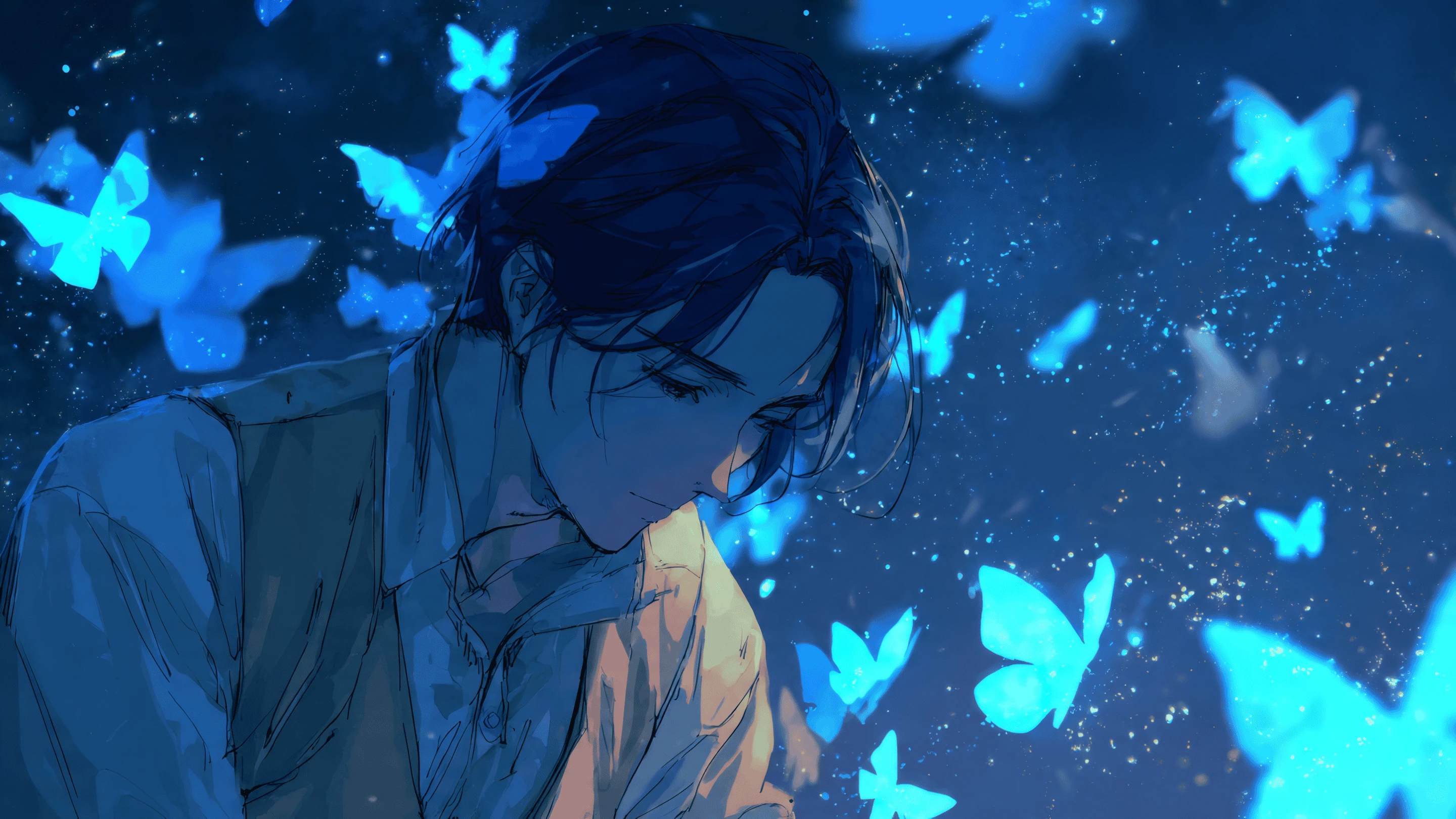 Pensive Anime Boy Surrounded by Glowing Blue Butterflies