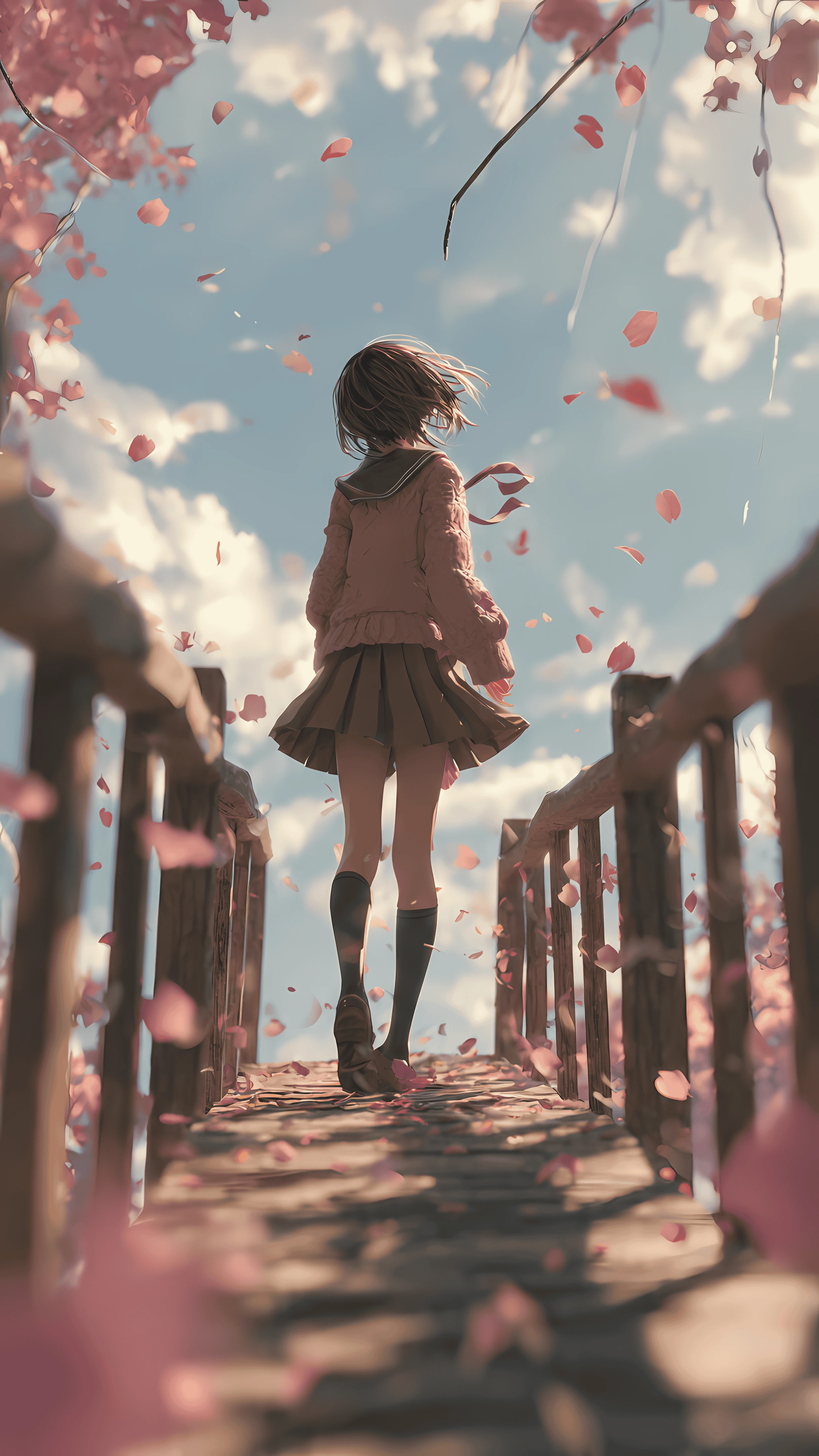 Pensive Anime Girl in Falling Cherry Blossoms