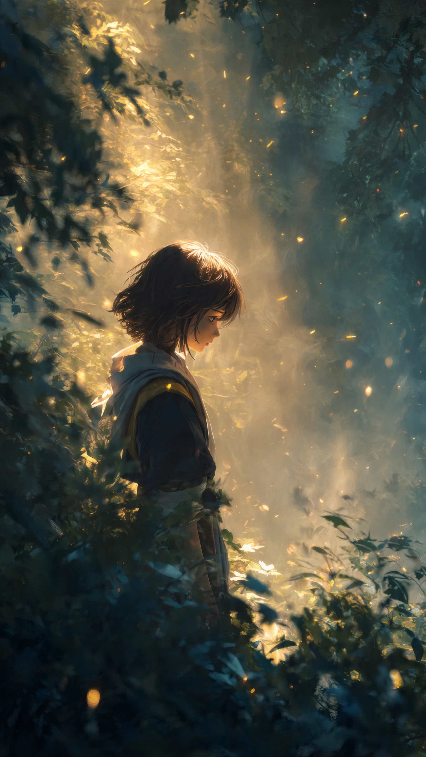 Pensive Anime Girl in Forest with Golden Light