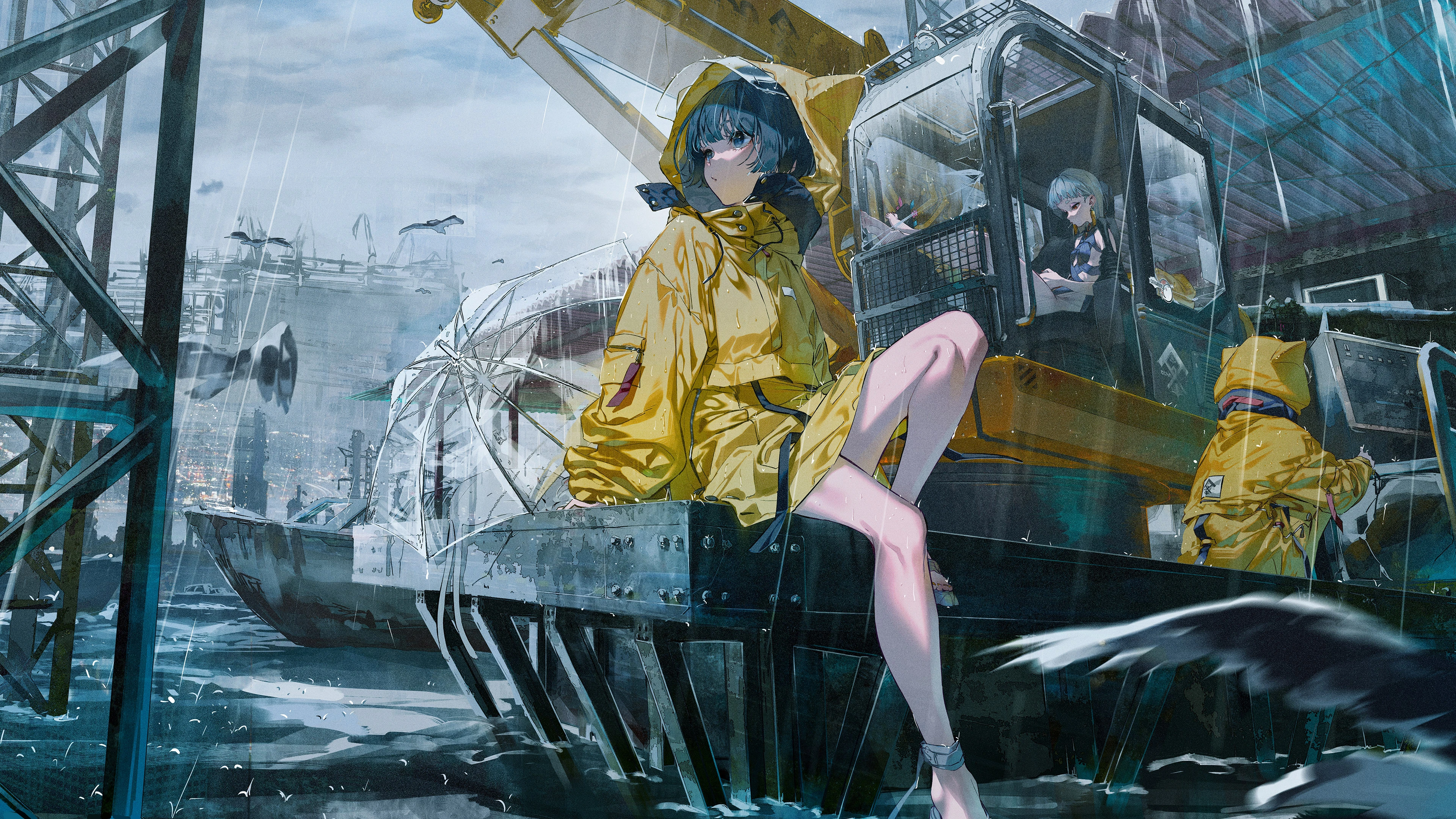 Pensive Anime Girl in Raincoat on Industrial Crane