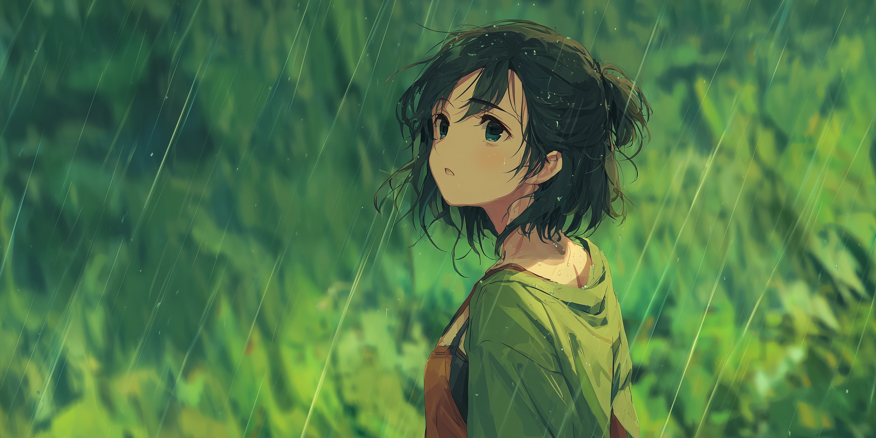 Pensive Anime Girl in Rainy Green Landscape