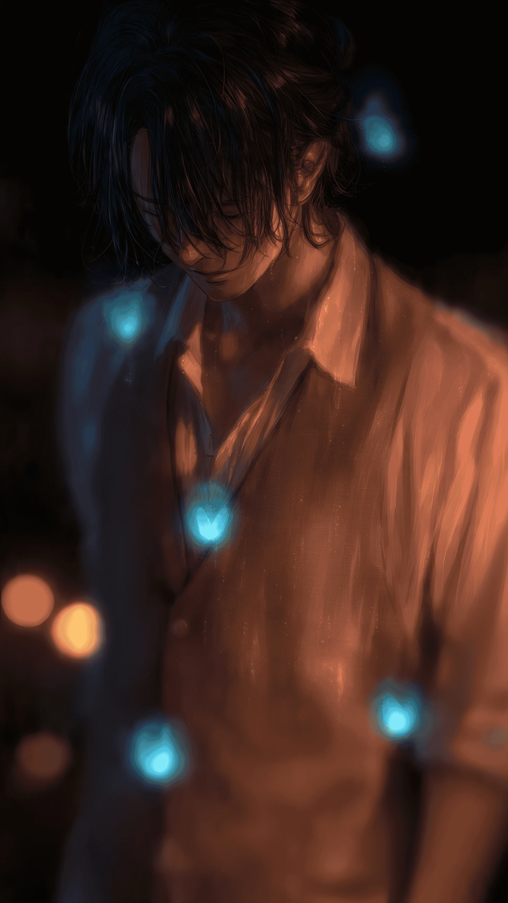 Pensive Anime Man Surrounded by Glowing Blue Orbs