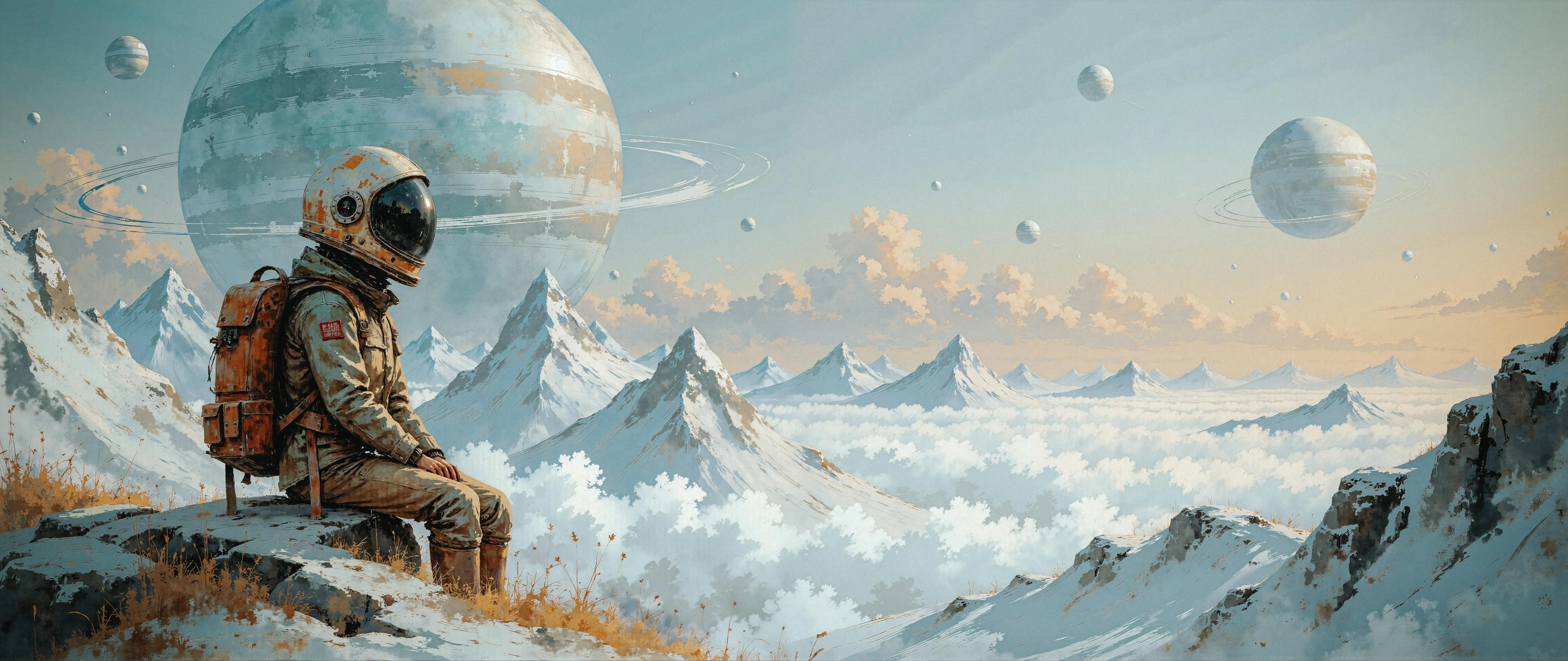 Pensive Astronaut Gazing at Distant Ringed Planet