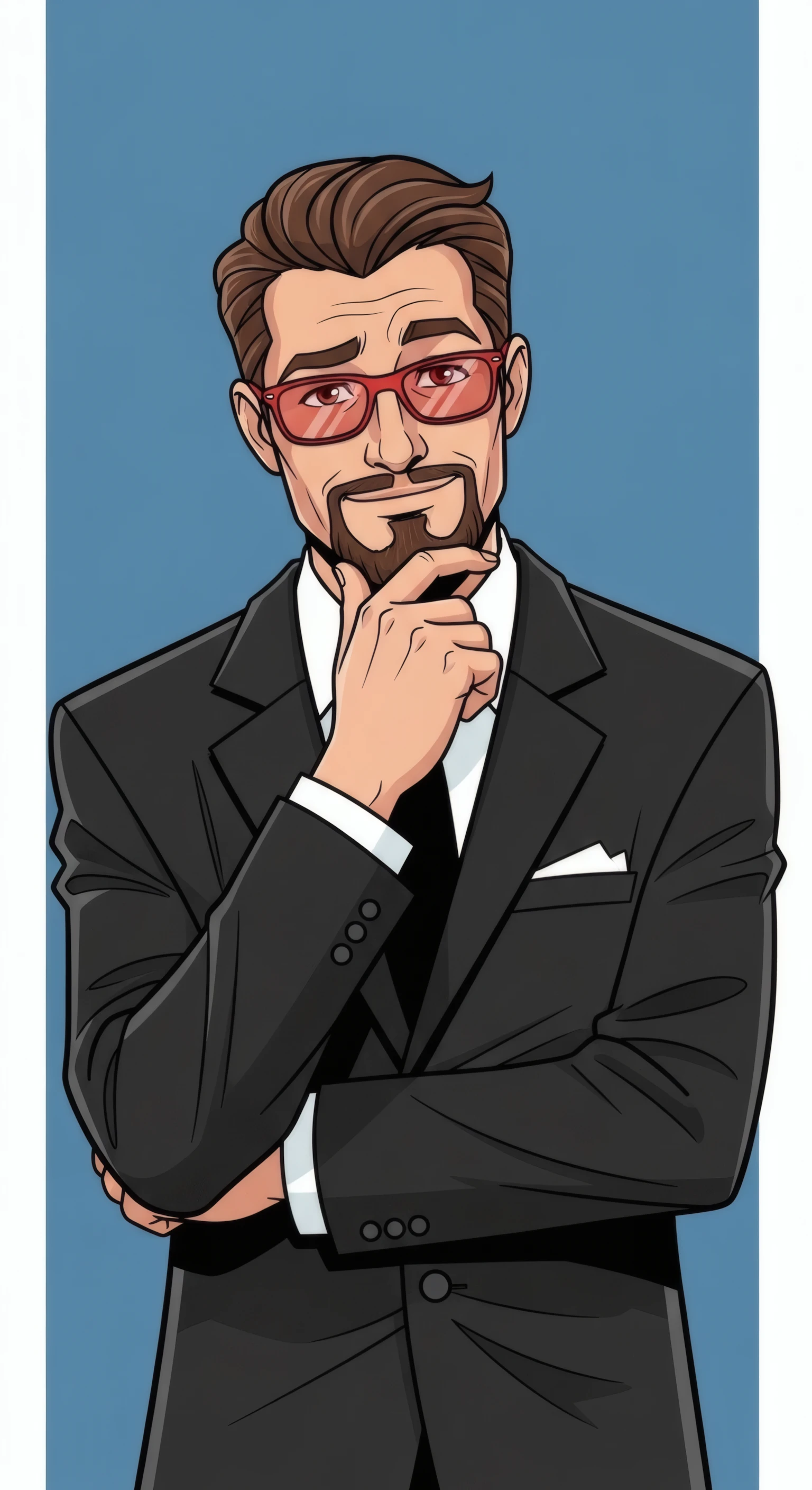 Pensive Cartoon Man with Red Glasses in Suit
