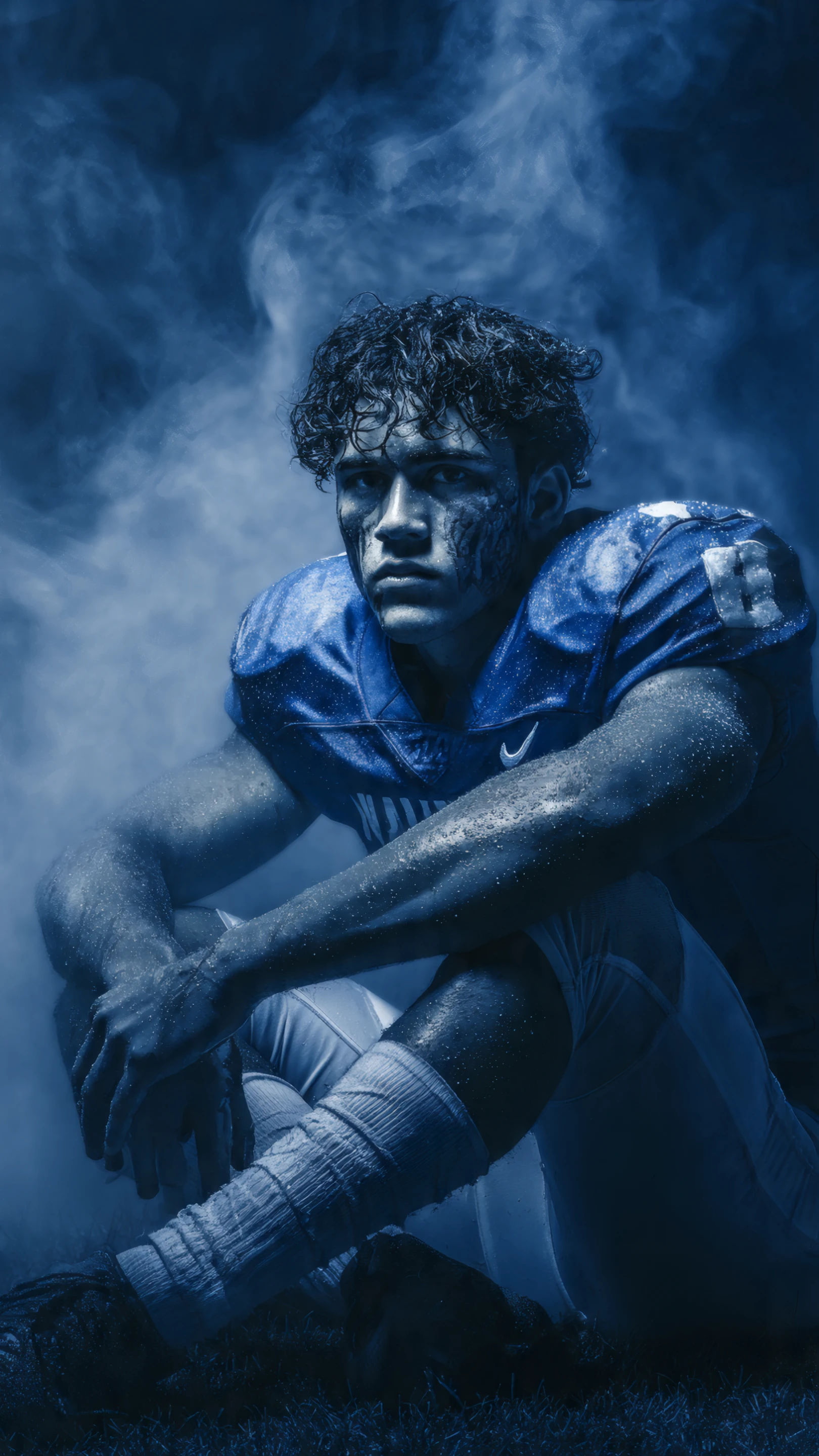 Pensive Football Player in Blue Tones with Smoke Effect