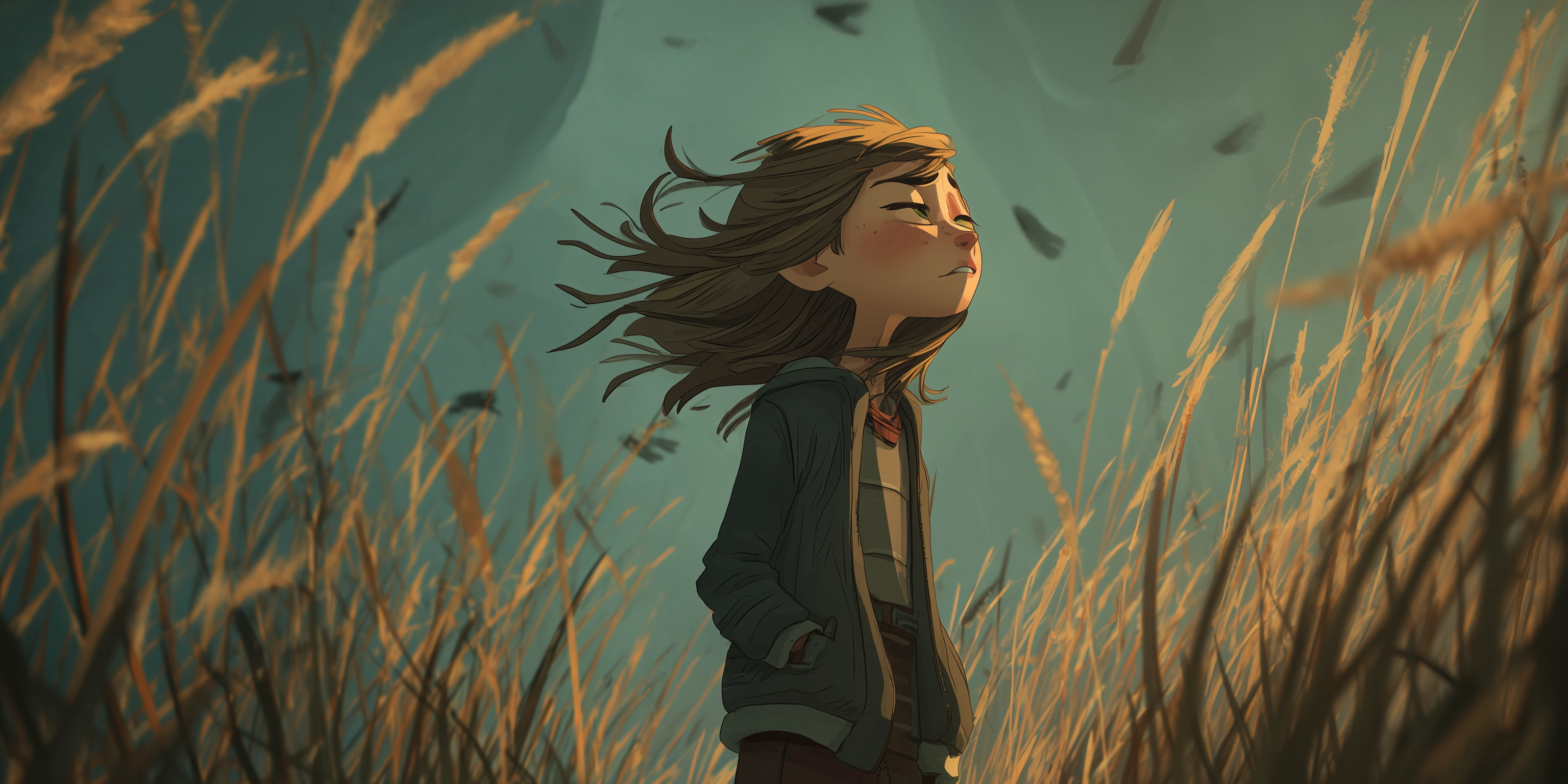 Pensive Girl in Field of Golden Grass Illustration