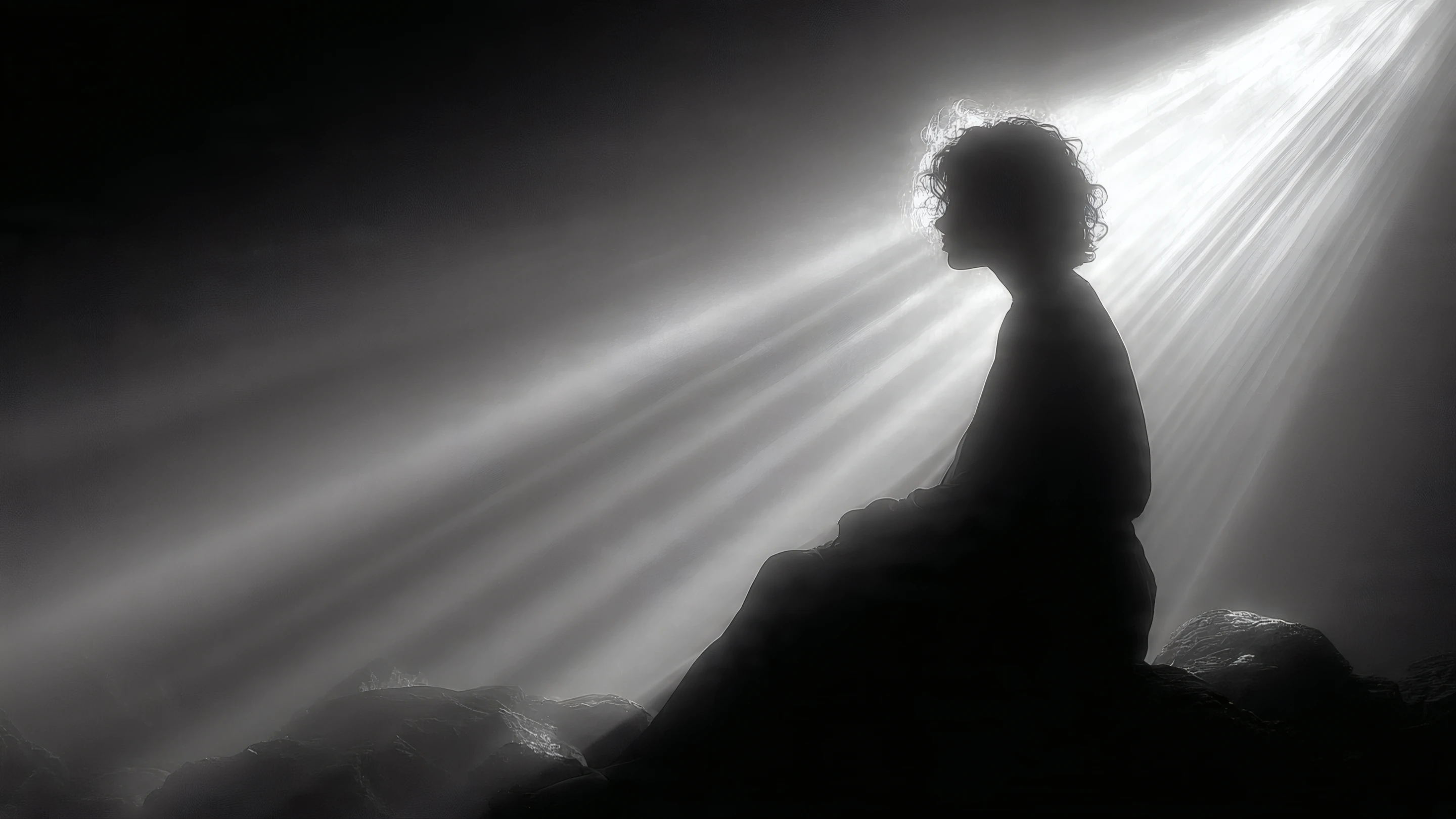 Person Silhouette Bathed in Radiant Light Beams